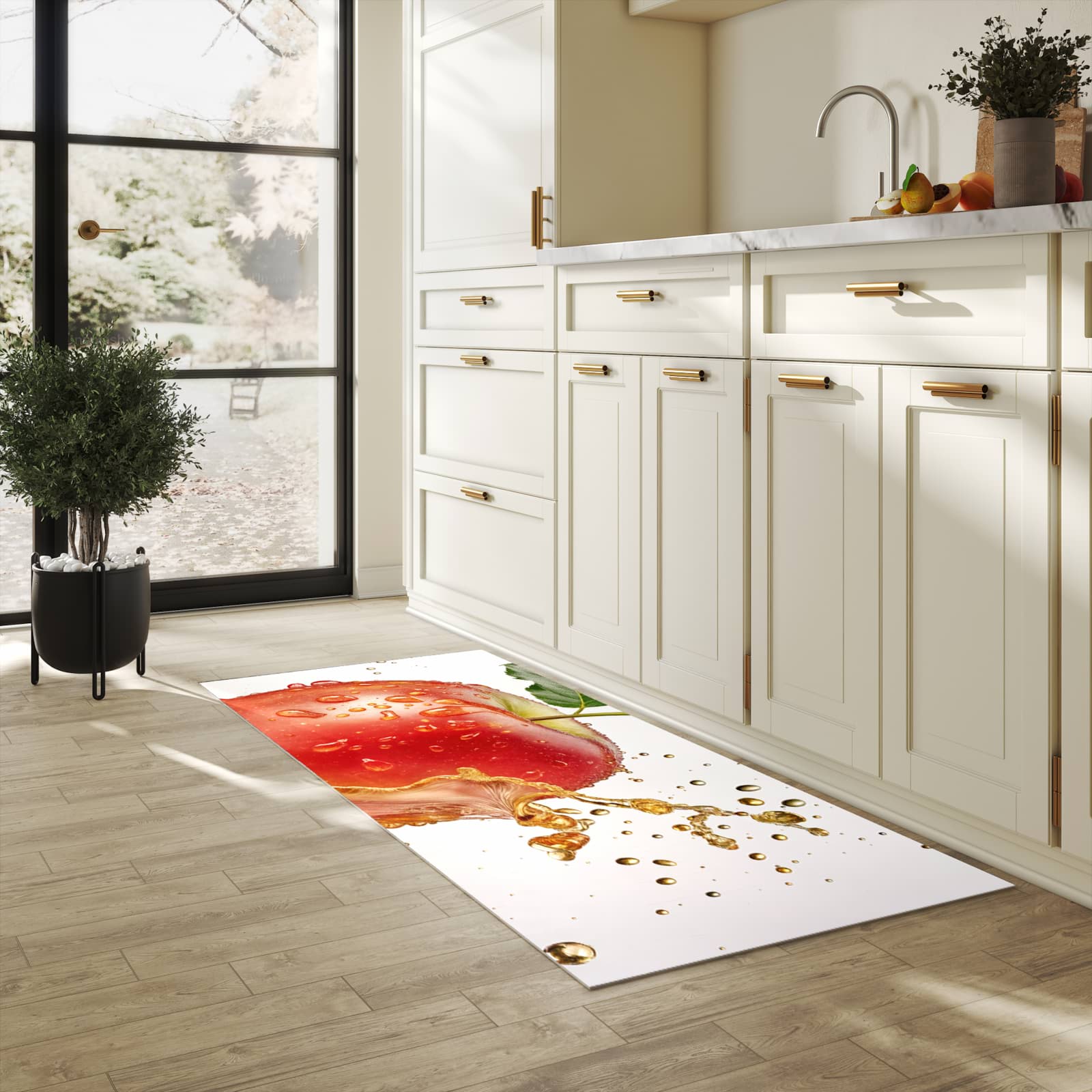 Hygienischer Küchenteppich mit Motiv Spritziger Apfel in heller Küche