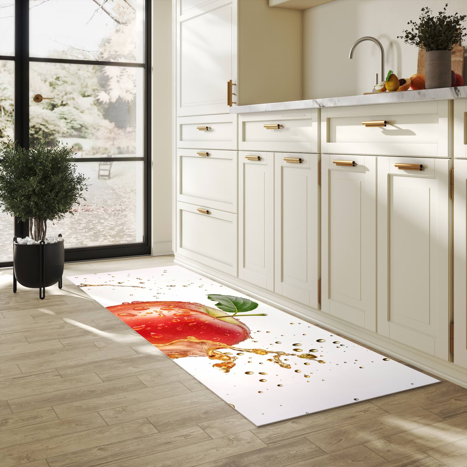 Strapazierfähiger Küchenteppich mit Motiv Spritziger Apfel in heller Küche