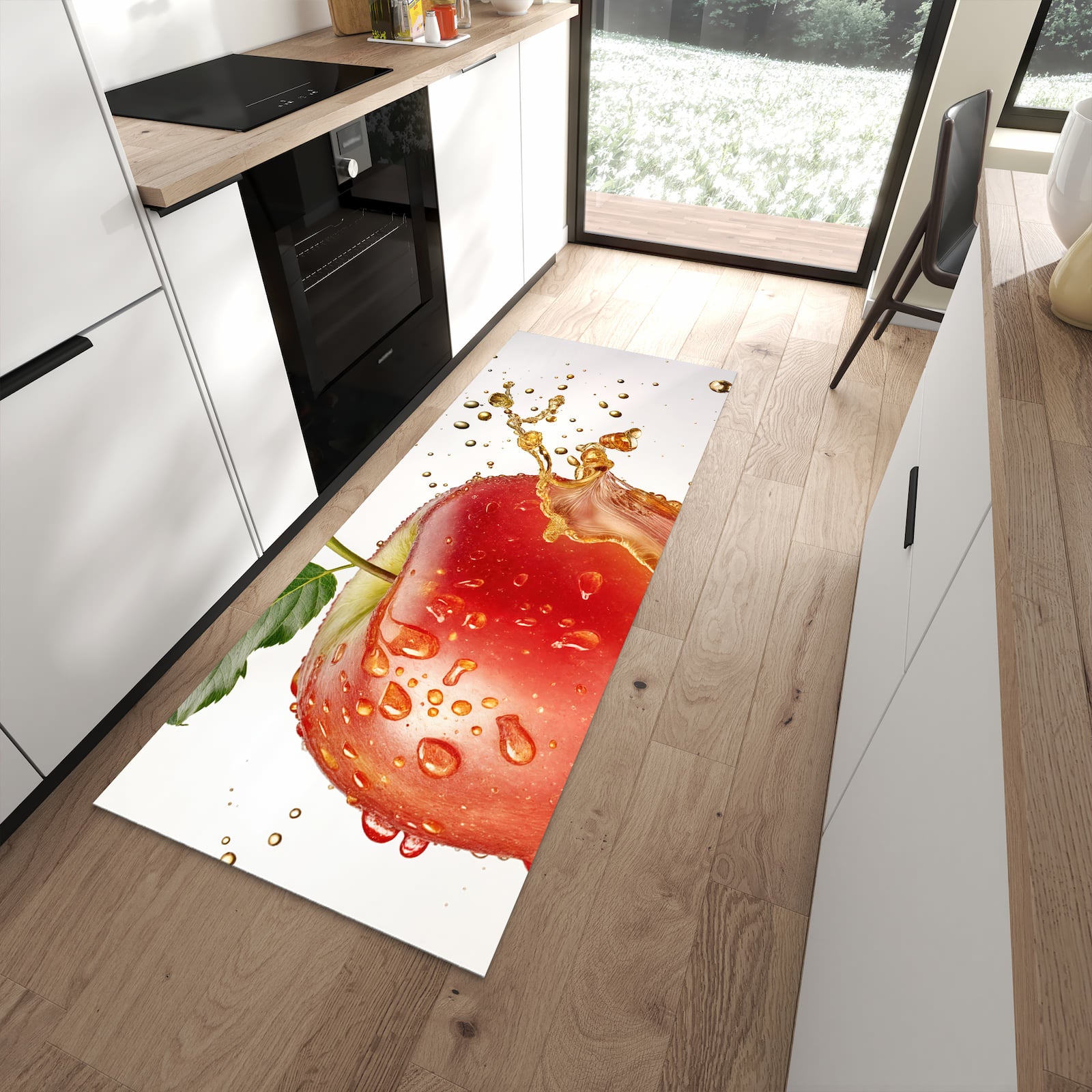 Rutschfester Küchenteppich mit Motiv Spritziger Apfel in moderner Küche