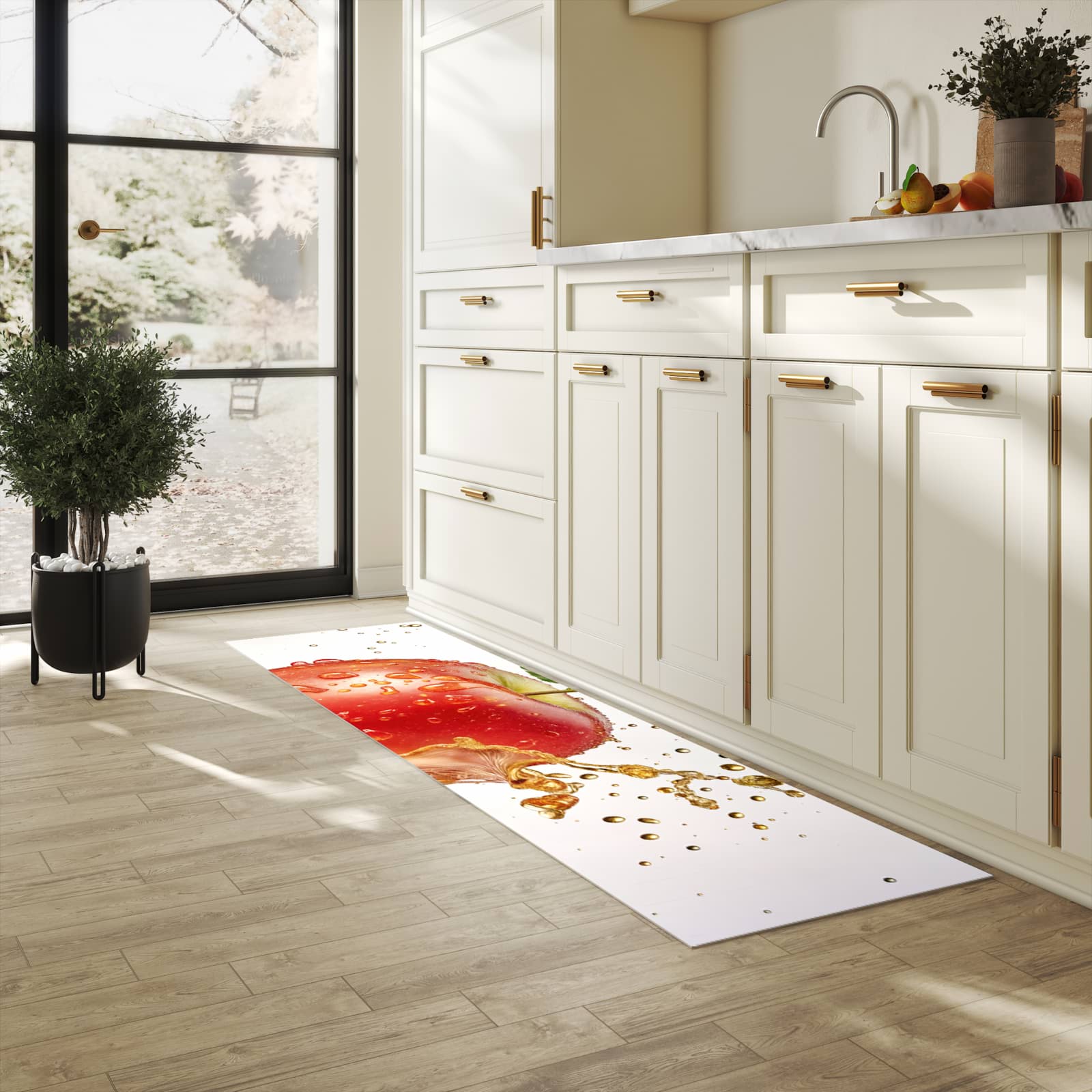 Komfortabler moderner Küchenläufer mit Motiv Spritziger Apfel in heller Küche