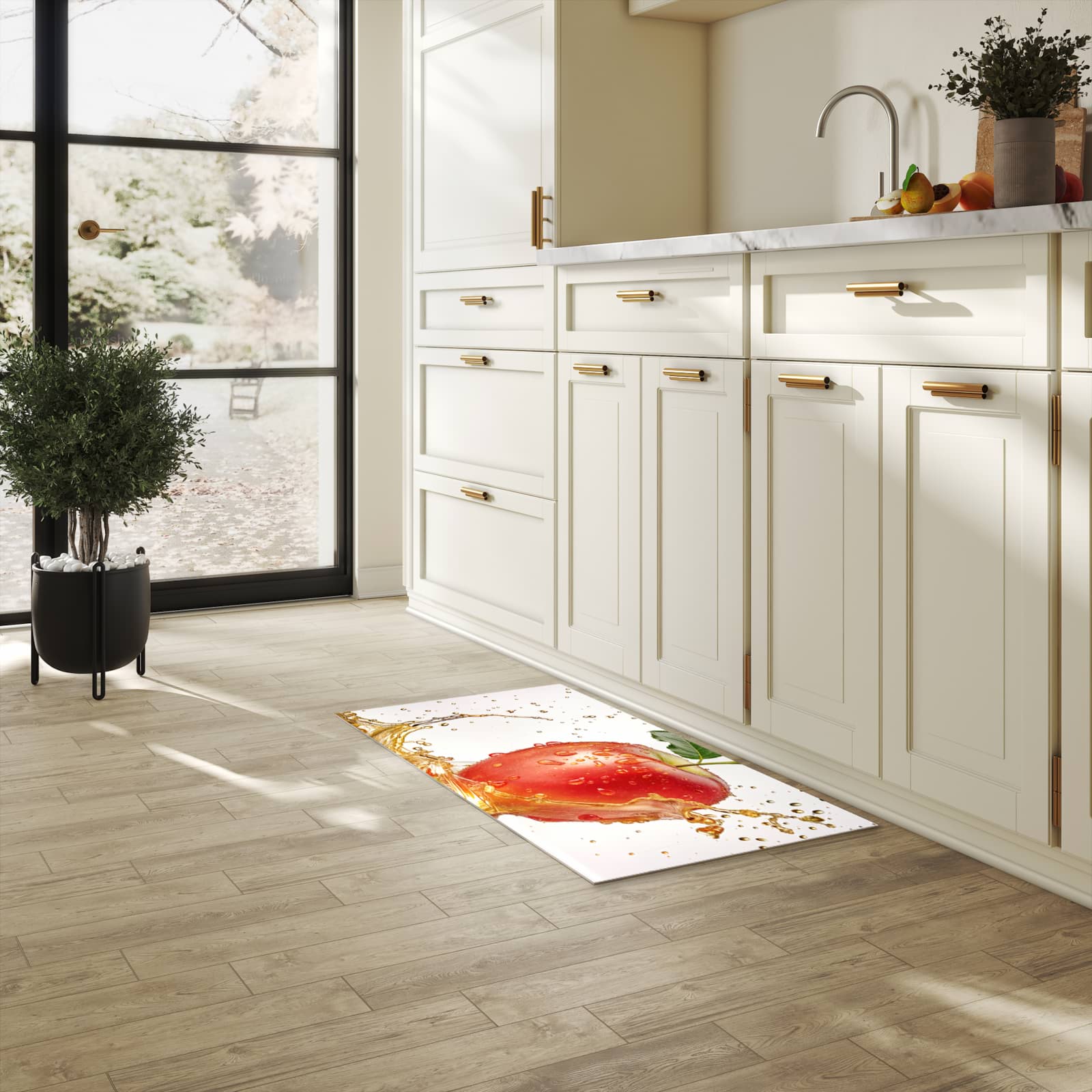 Langlebiger Küchenläufer mit Motiv Spritziger Apfel in heller Küche