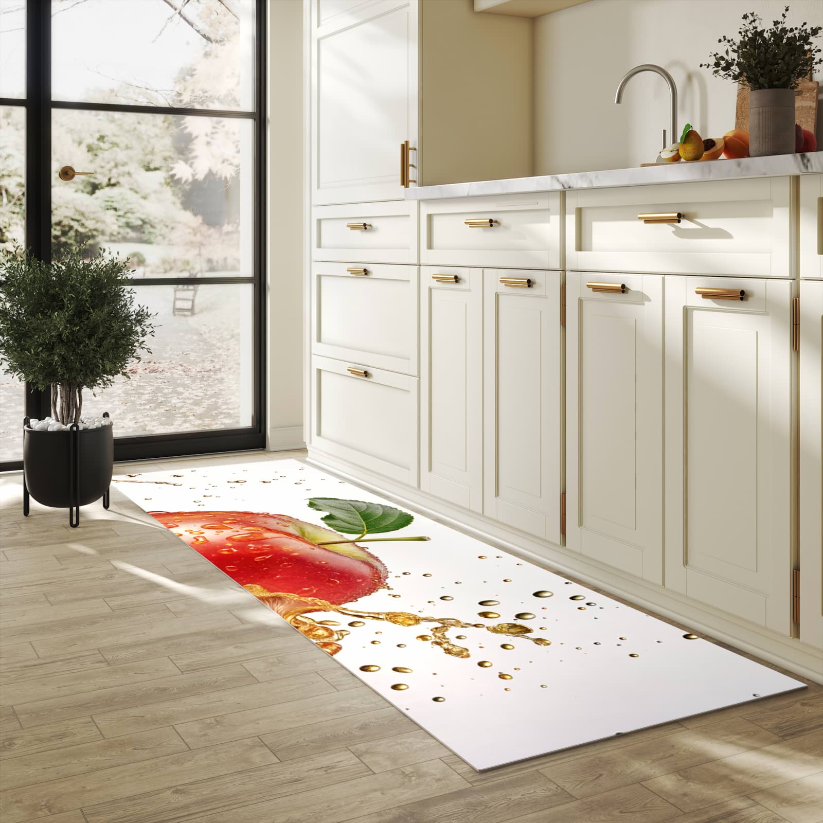 Waschbarer Küchenteppich mit Motiv Spritziger Apfel in heller Küche