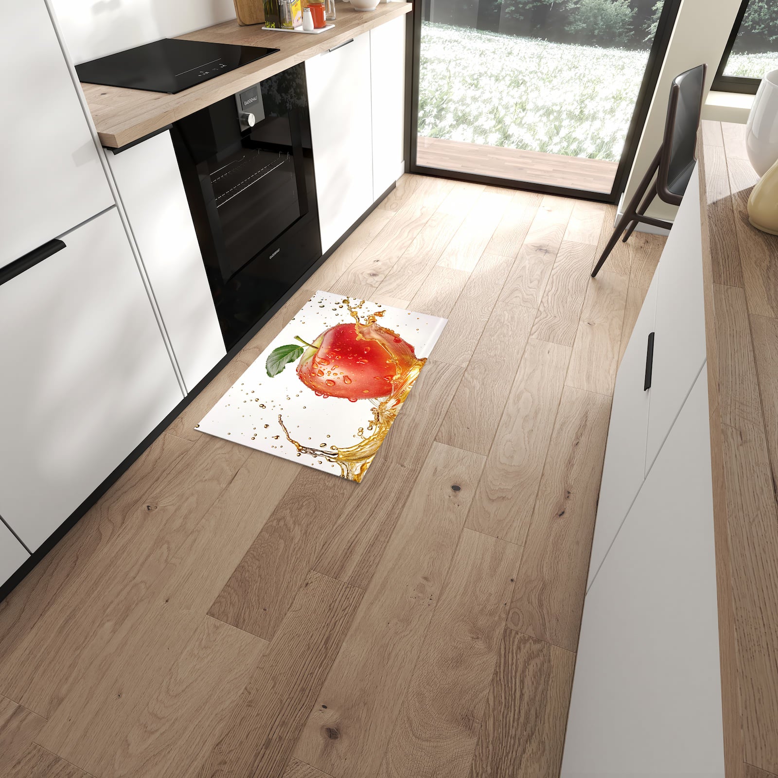 Komfortabler großer Küchenteppich mit Motiv Spritziger Apfel in moderner Küche