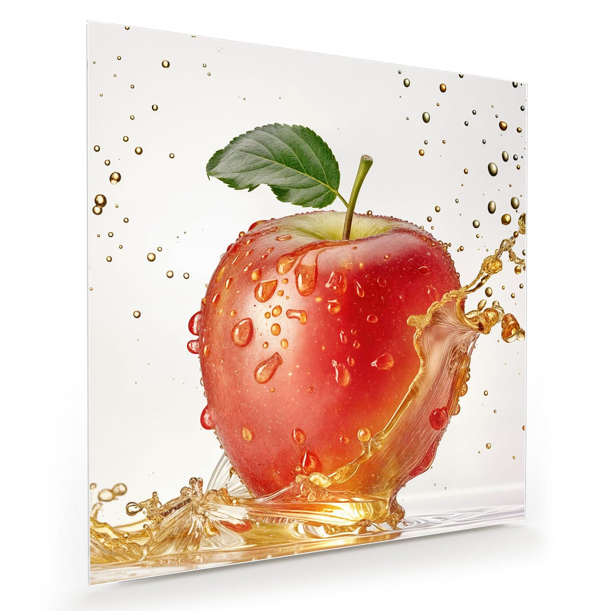 Roter Apfel mit Blatt in einem goldgelben Saftspritzer
