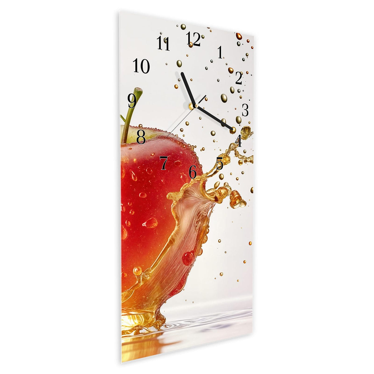 Vormontiert – mit Schwebeeffekt – Wanduhr Spritziger Apfel aus Glas – Hochformat 30 × 60 cm