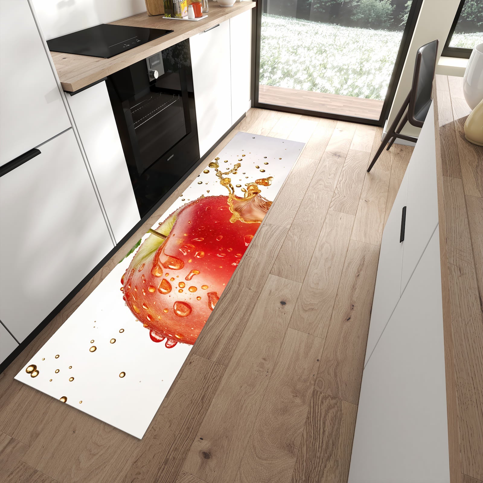 Langlebiger Küchenteppich mit Motiv Spritziger Apfel in moderner Küche