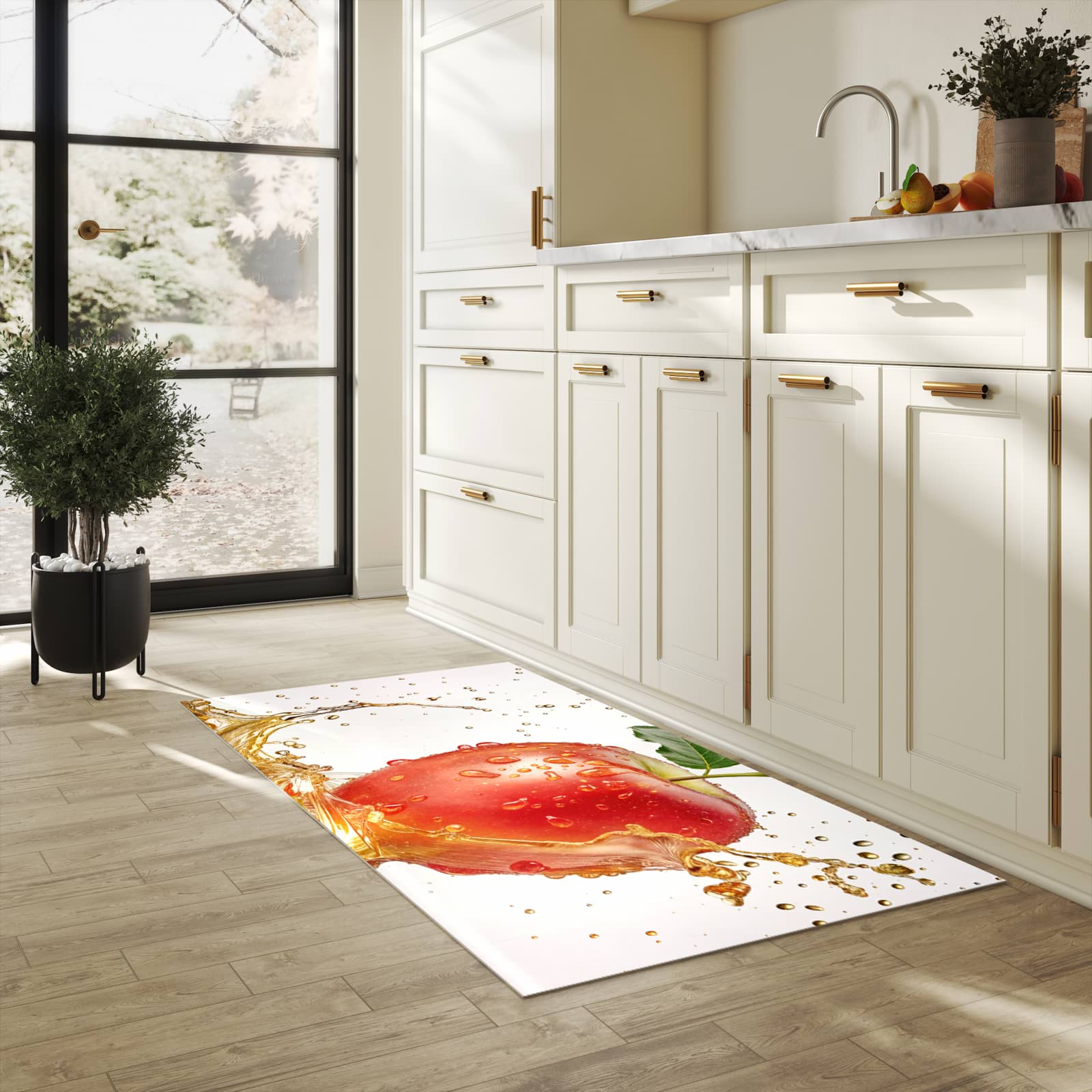 Rutschfester Küchenteppich mit Motiv Spritziger Apfel in heller Küche