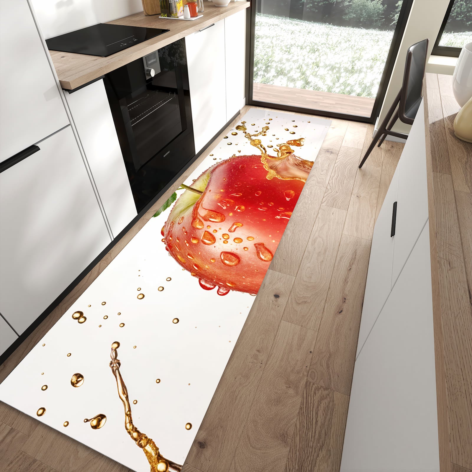 Hygienischer Küchenläufer mit Motiv Spritziger Apfel in moderner Küche