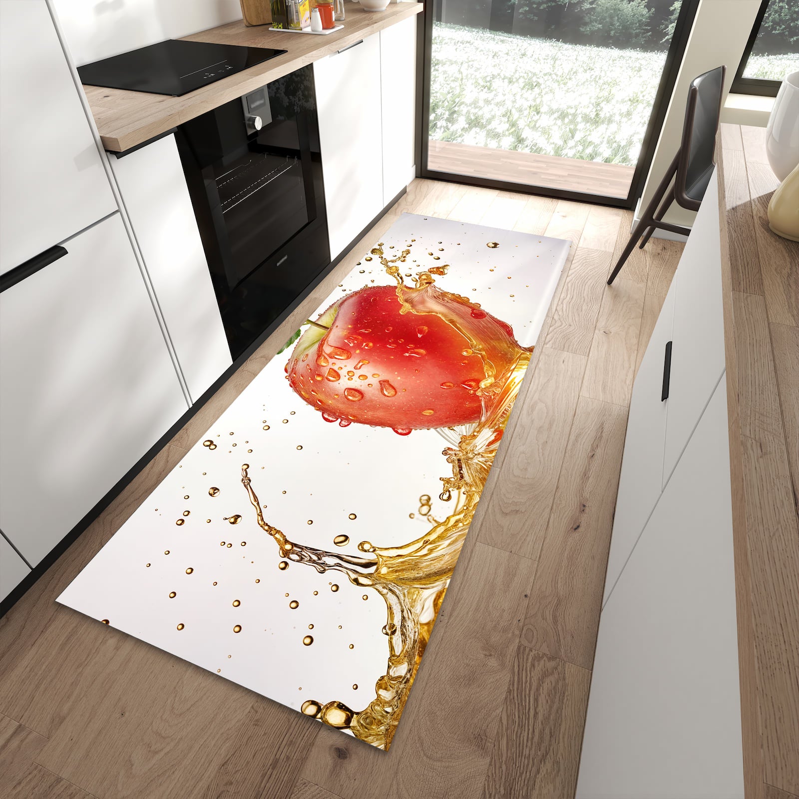 Waschbarer Küchenläufer mit Motiv Spritziger Apfel in moderner Küche