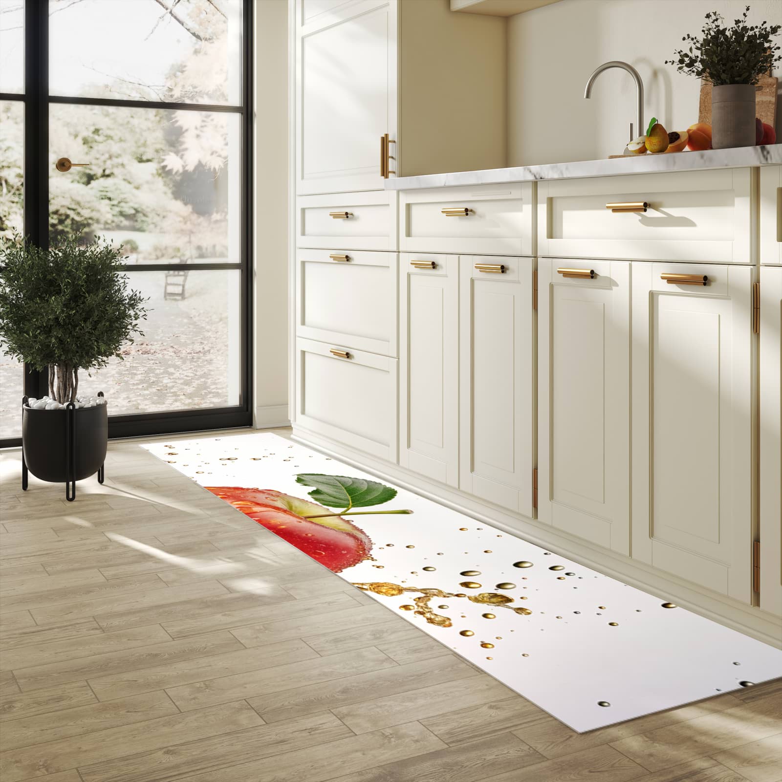 Abwaschbarer Küchenteppich mit Motiv Spritziger Apfel in heller Küche