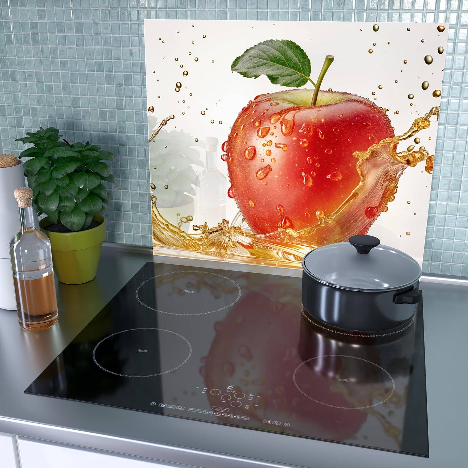 1-teilige Herdabdeckplatte aus Glas mit Spritziger Apfel-Motiv als Spritzschutz hinter dem Kochfeld