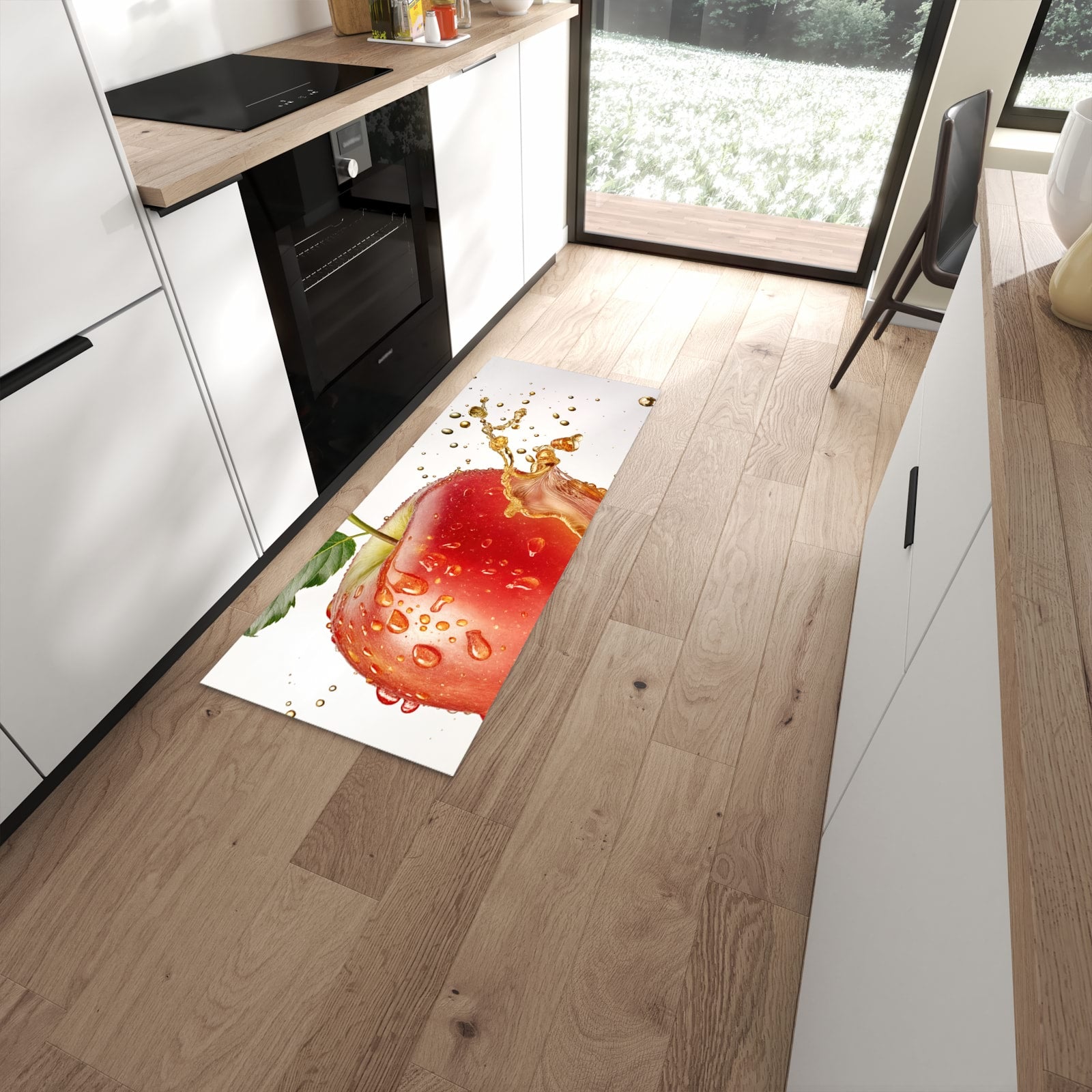 Schmutzabweisender Küchenteppich mit Motiv Spritziger Apfel in moderner Küche #grösse_60 x 150 cm