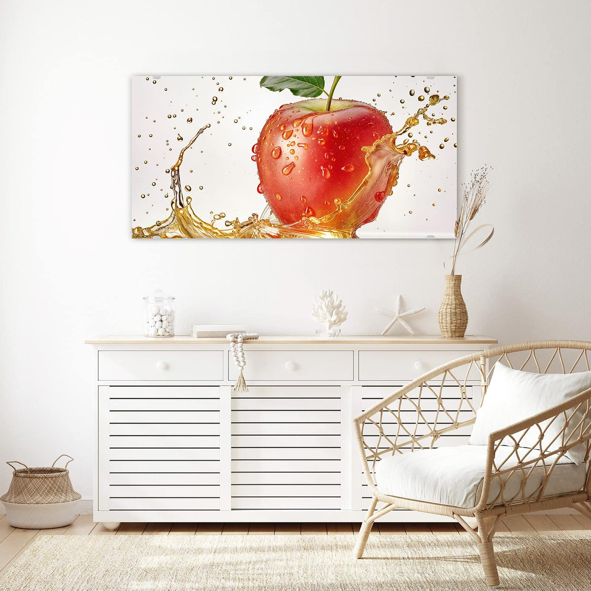 Echtglas, 4 mm – kein Acryl, keine Folie – Wandbild - Apfel mit Goldspritzer - Querformat