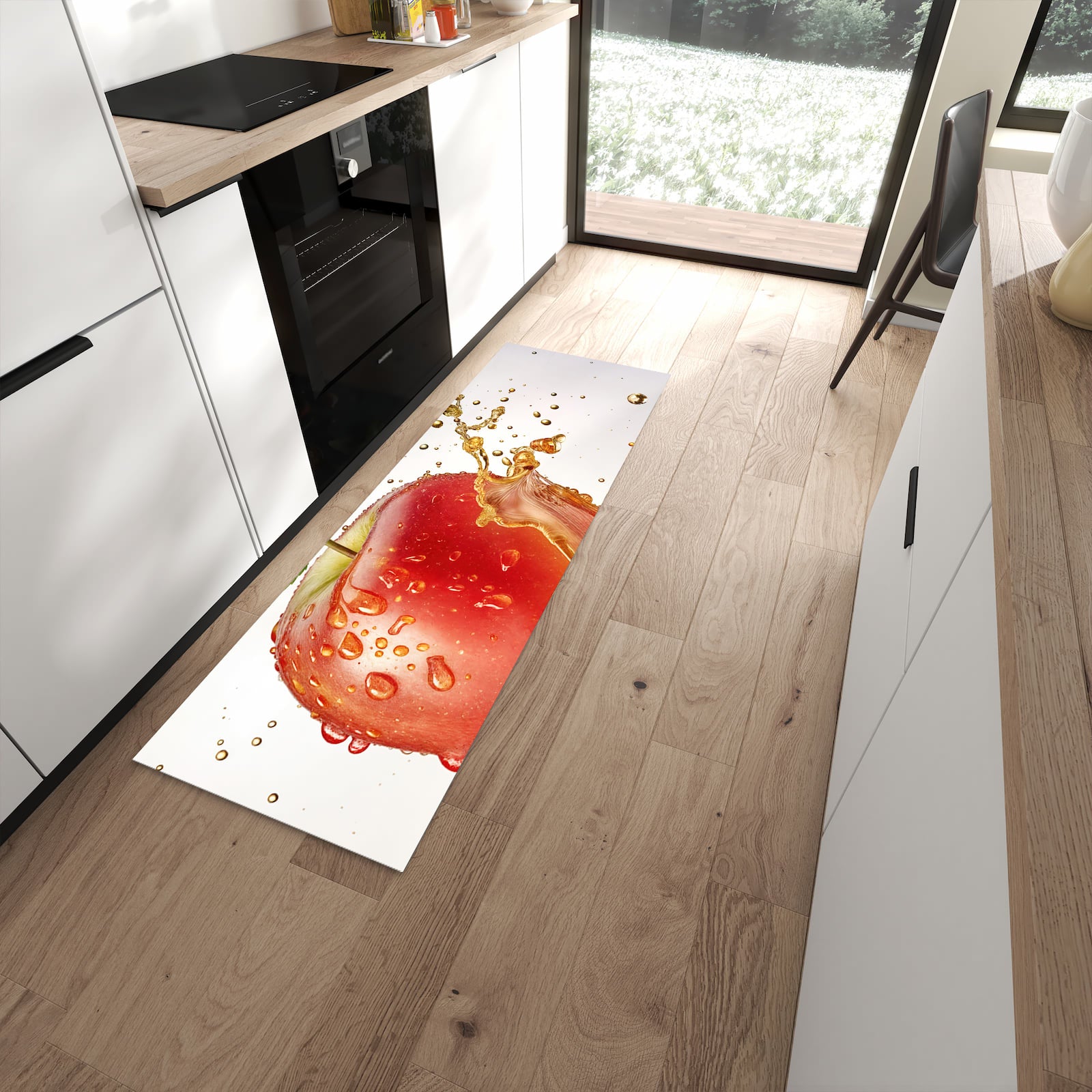 Geruchsneutraler rutschfester Küchenteppich mit Motiv Spritziger Apfel in moderner Küche
