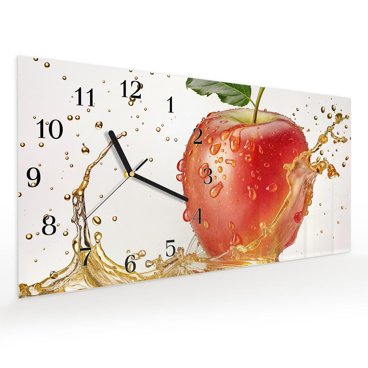 Vormontiert – mit Schwebeeffekt – Wanduhr Spritziger Apfel aus Glas – Querformat 60 × 30 cm