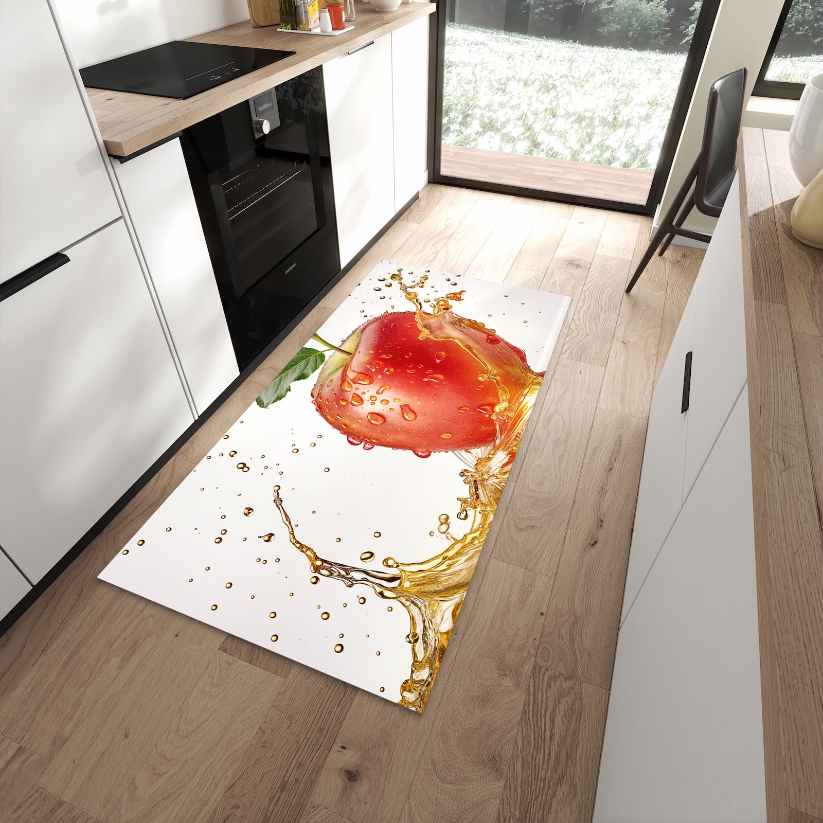 Strapazierfähiger Küchenläufer mit Motiv Spritziger Apfel in moderner Küche