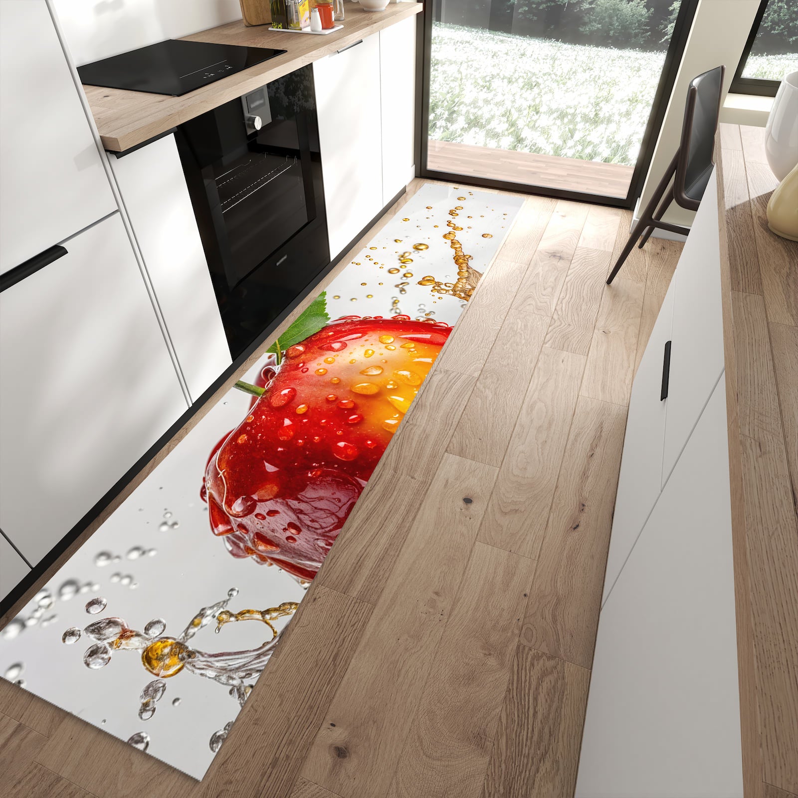 Formstabiler rutschfester Küchenteppich mit Motiv Apfel von Spritzender in moderner Küche