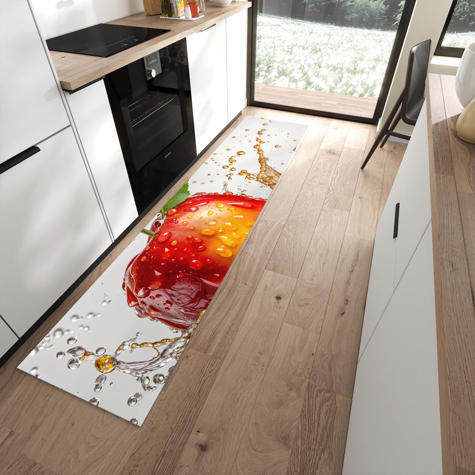Farbbeständiger dünner Teppich mit Motiv Apfel von Spritzender in moderner Küche