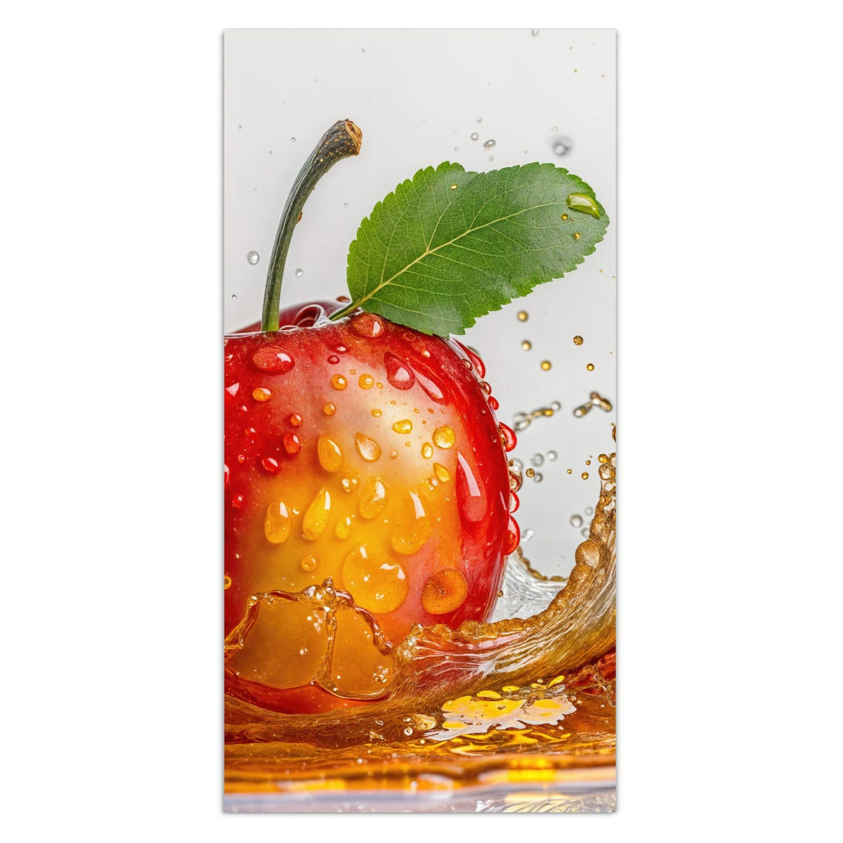 Wandbild aus Glas: Roter Apfel mit grünem Blatt fällt in goldbraunen Saft, Spritzer ringsum