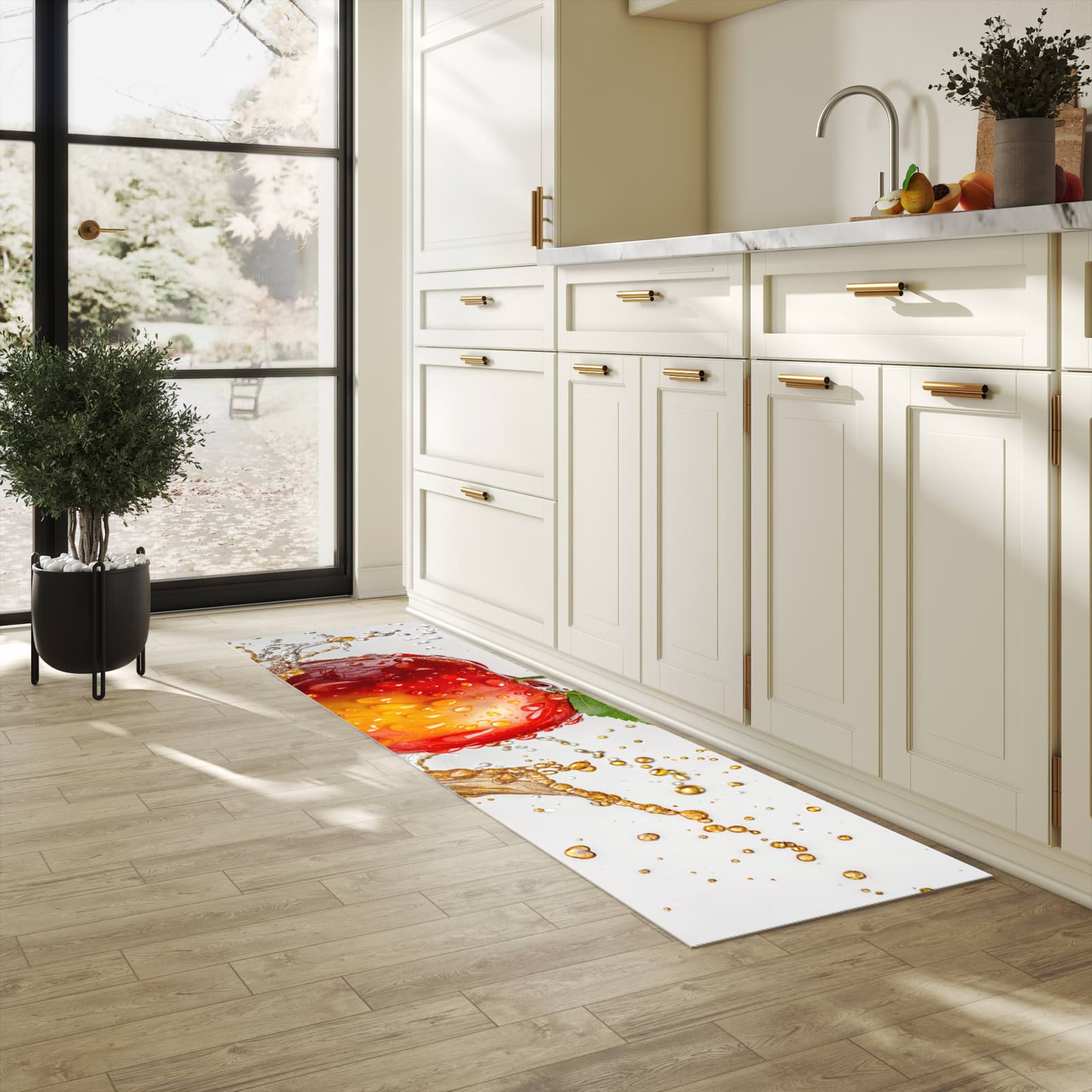 Rutschfester Küchenteppich mit Motiv Apfel von Spritzender in heller Küche für sicheren Stand