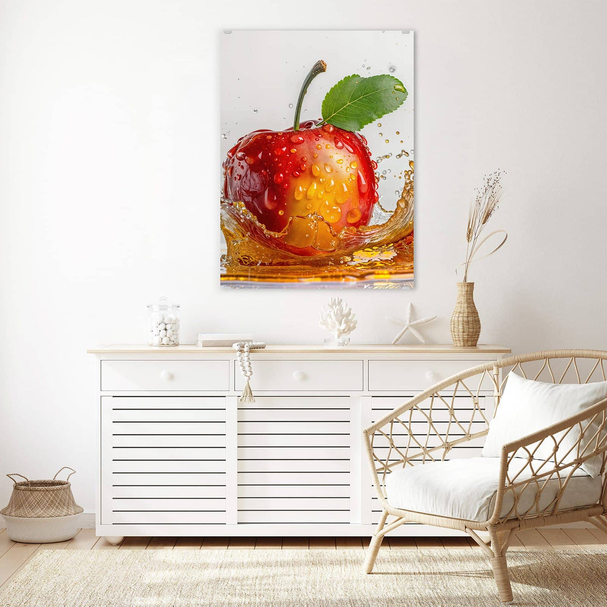Aufhängung liegt bei – Motiv später wechselbar – Wandbild - Apfel mit Saftspritzer - Hochformat