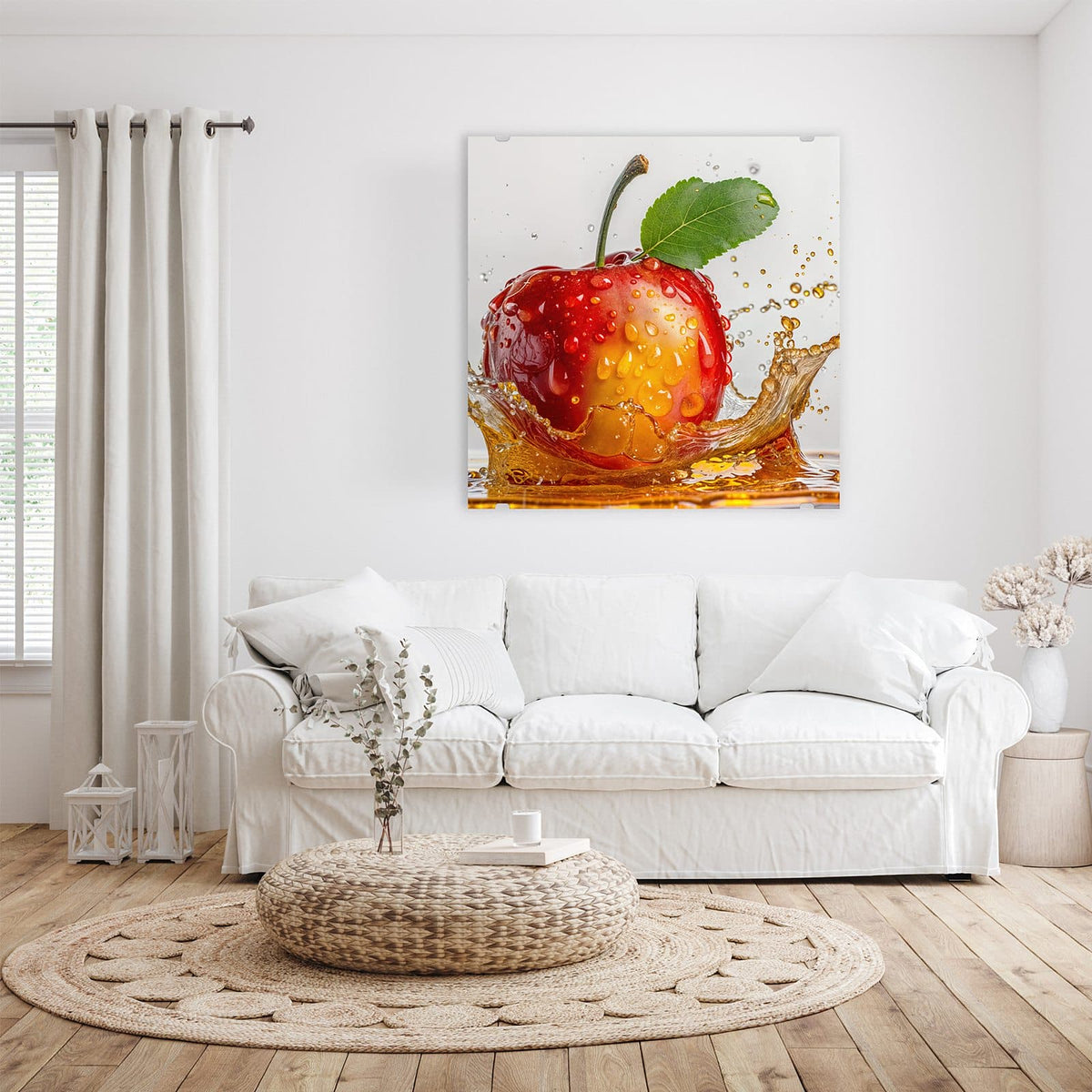Roter Apfel mit grünem Blatt fällt in goldbraunen Saft, Spritzer ringsum