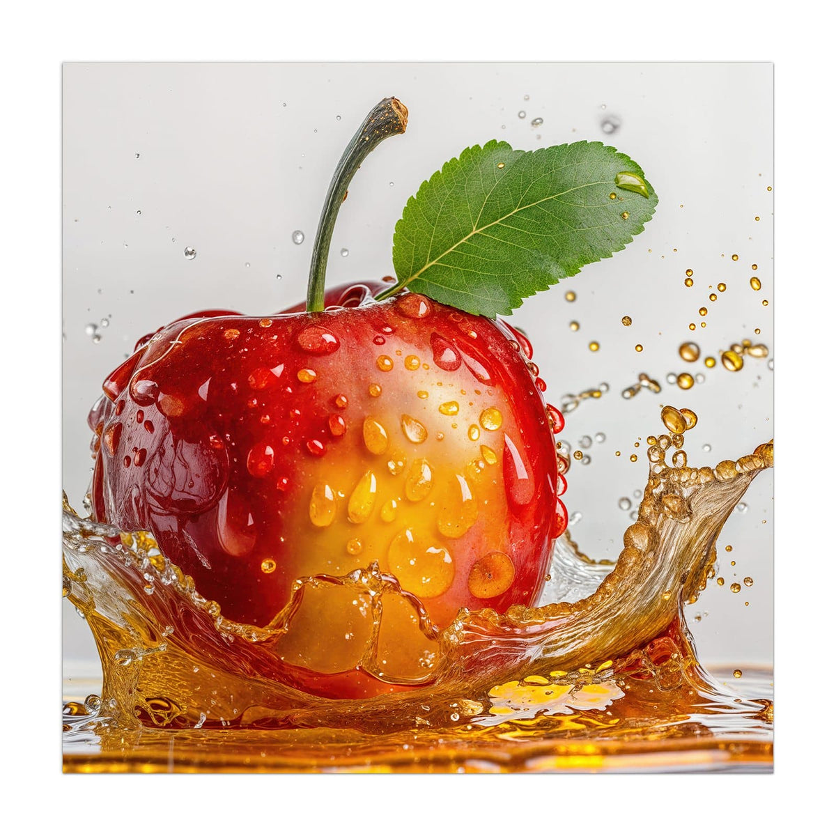 Küchenrückwand aus Glas Apfel mit Saftspritzer im quadratischen Format, Motiv bildfüllend von vorn