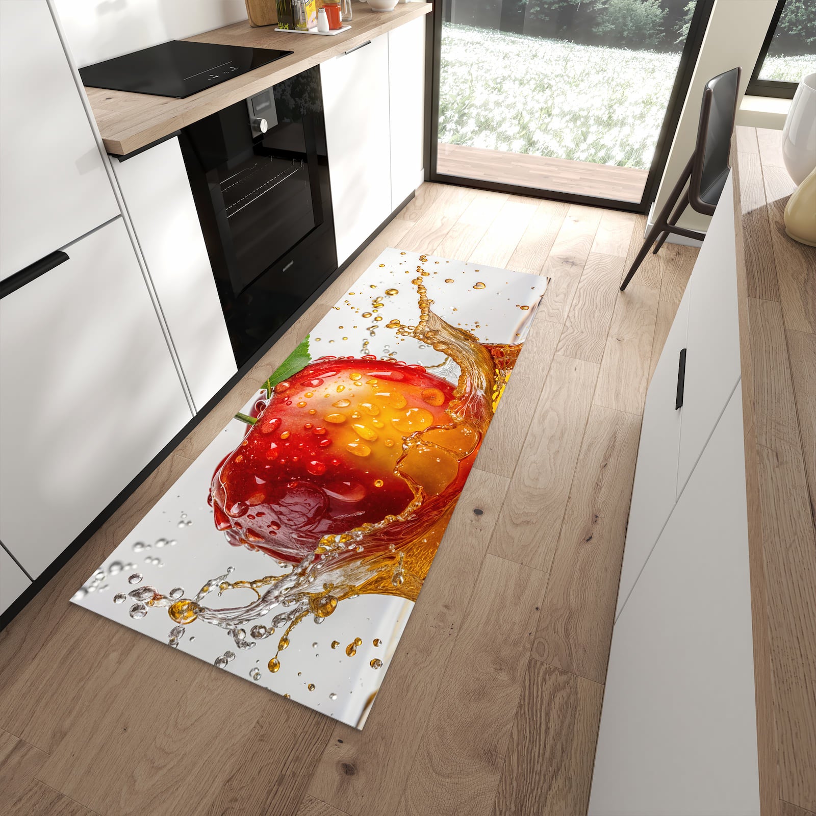 Waschbarer Teppich fürs Esszimmer mit Motiv Apfel von Spritzender in moderner Küche