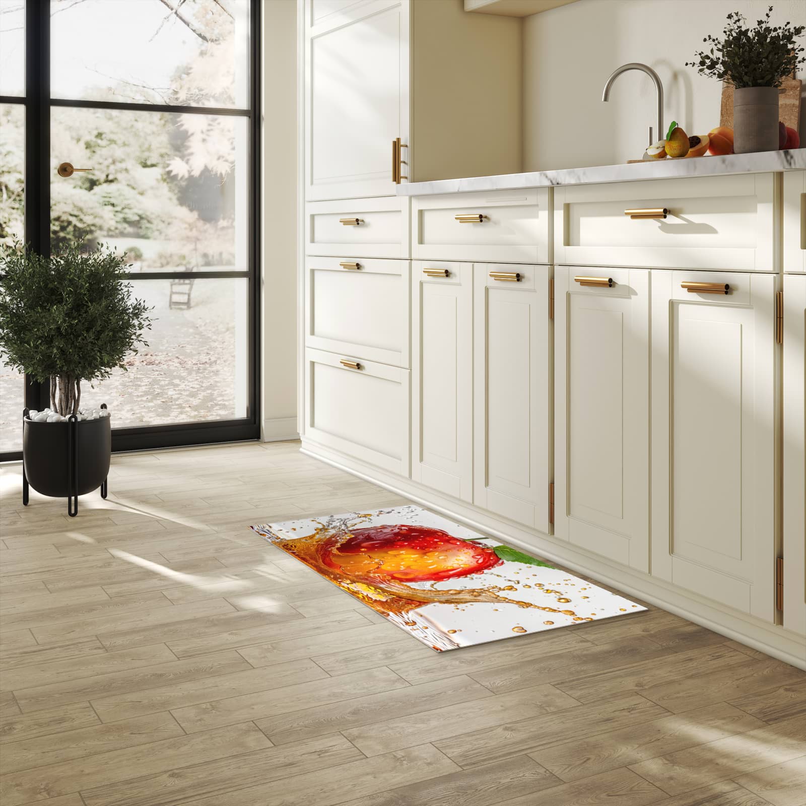 Bodenschonender waschbarer Küchenteppich mit Motiv Apfel von Spritzender in heller Küche