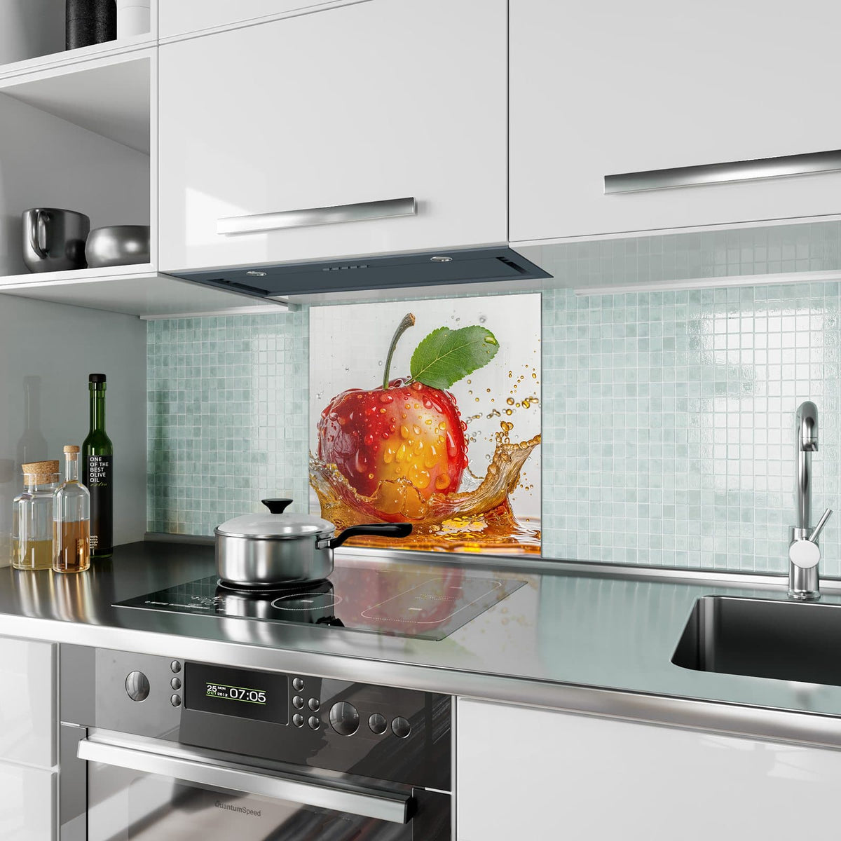 Küchenrückwand aus Glas Apfel mit Saftspritzer im quadratischen Format als Spritzschutz hinter dem Kochfeld, über dem Fliesenspiegel montiert