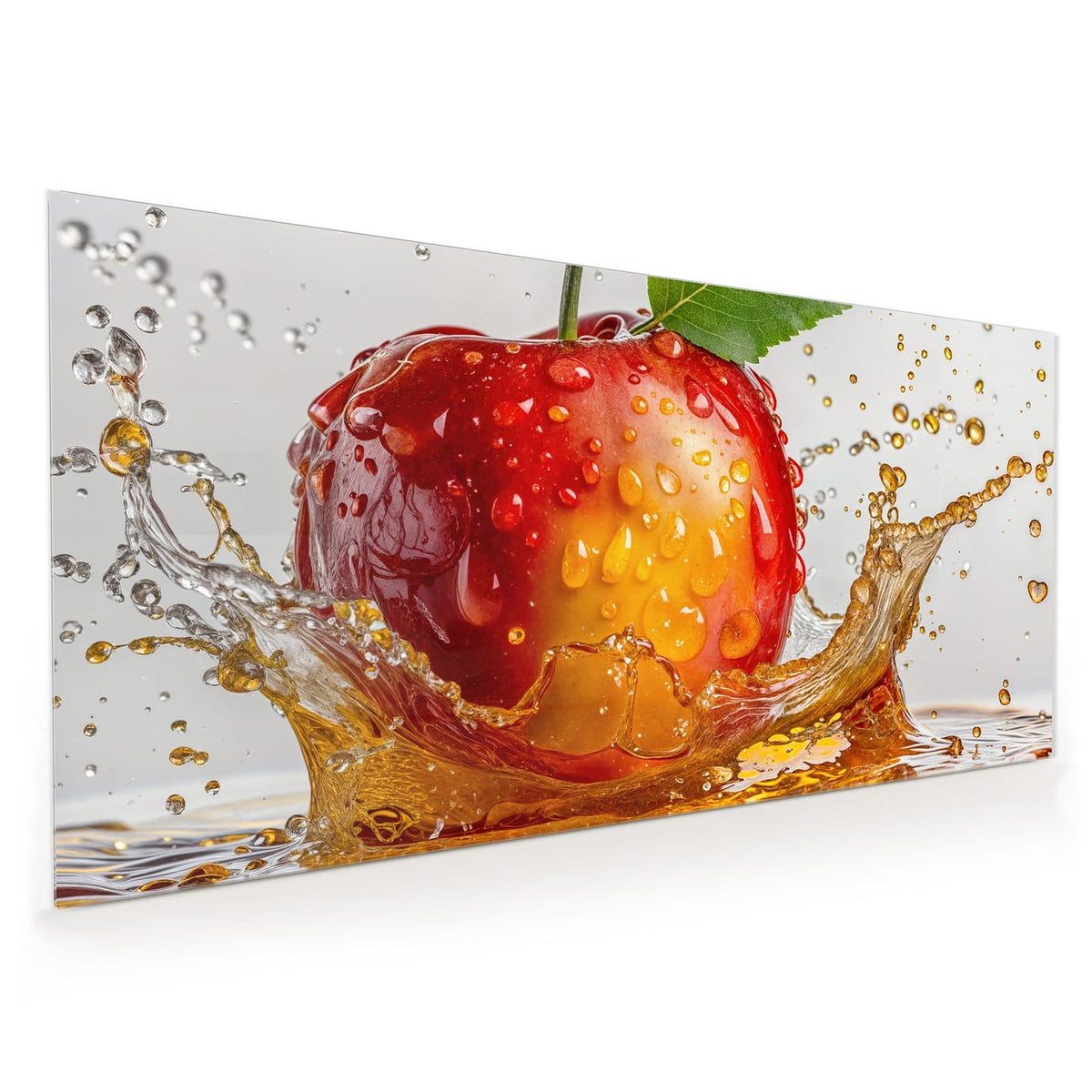 Küchenrückwand aus Glas im Hochformat: Roter Apfel mit grünem Blatt fällt in goldbraunen Saft, Spritzer ringsum