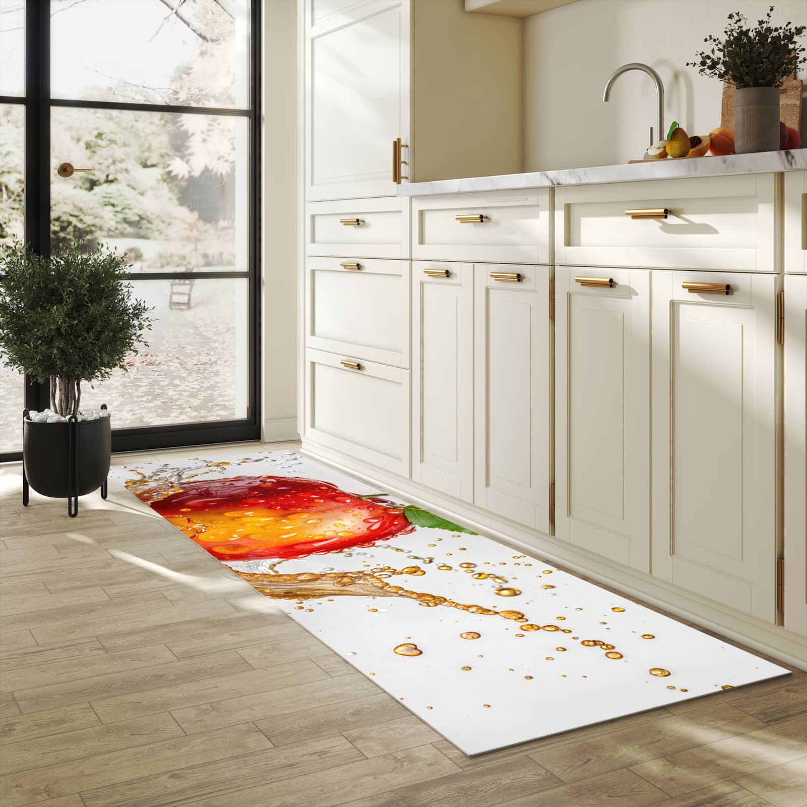 Wasserabweisender rutschfester Küchenläufer mit Motiv Apfel von Spritzender in heller Küche