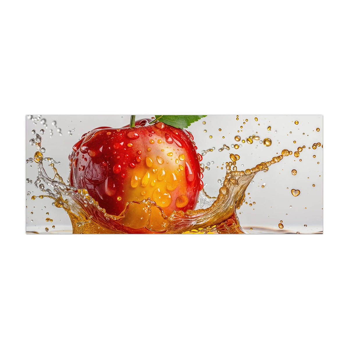 Küchenrückwand aus Glas Apfel mit Saftspritzer im Hochformat, Motiv bildfüllend von vorn