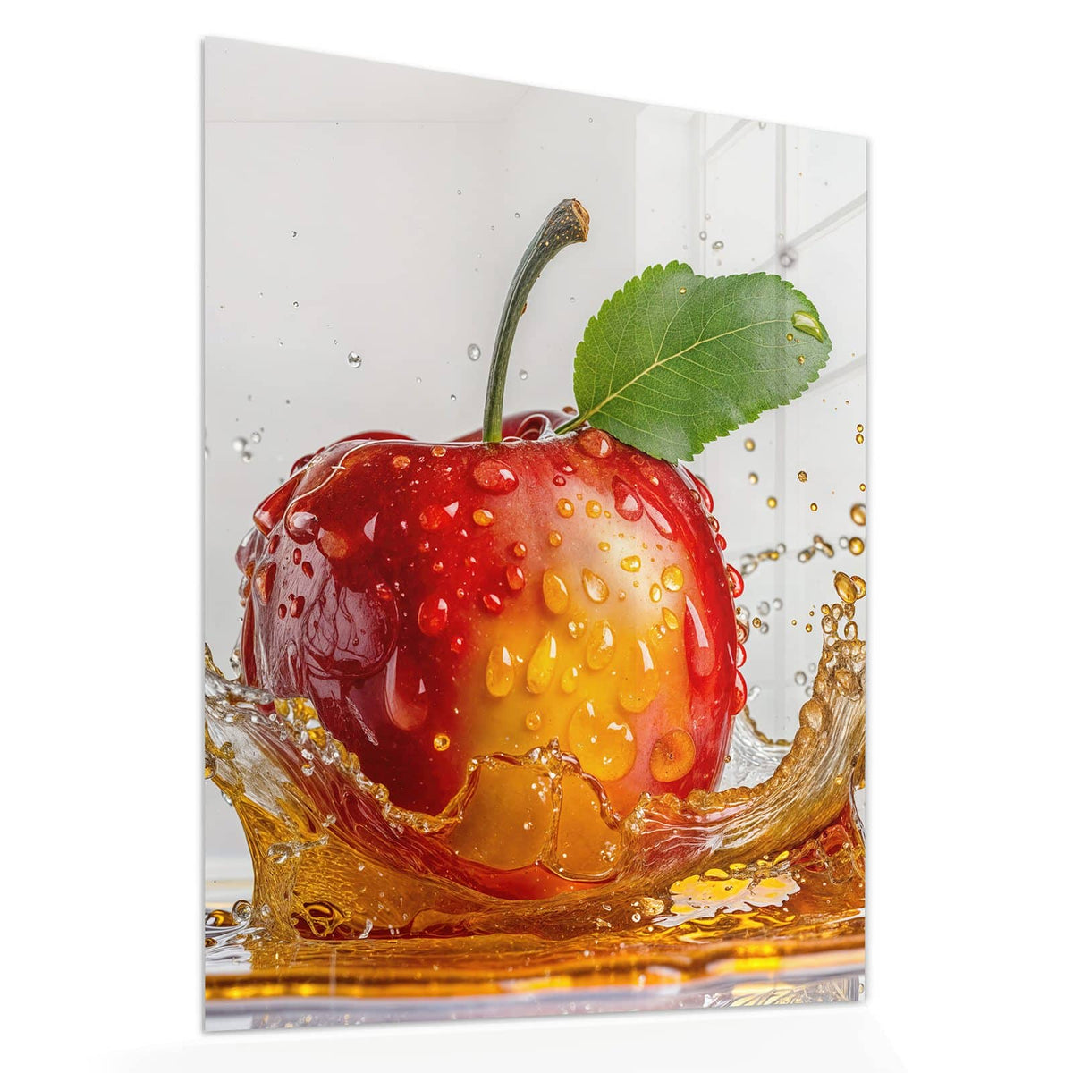 Echtglas, 4 mm – kein Acryl, keine Folie – Wandbild - Apfel mit Saftspritzer - Hochformat