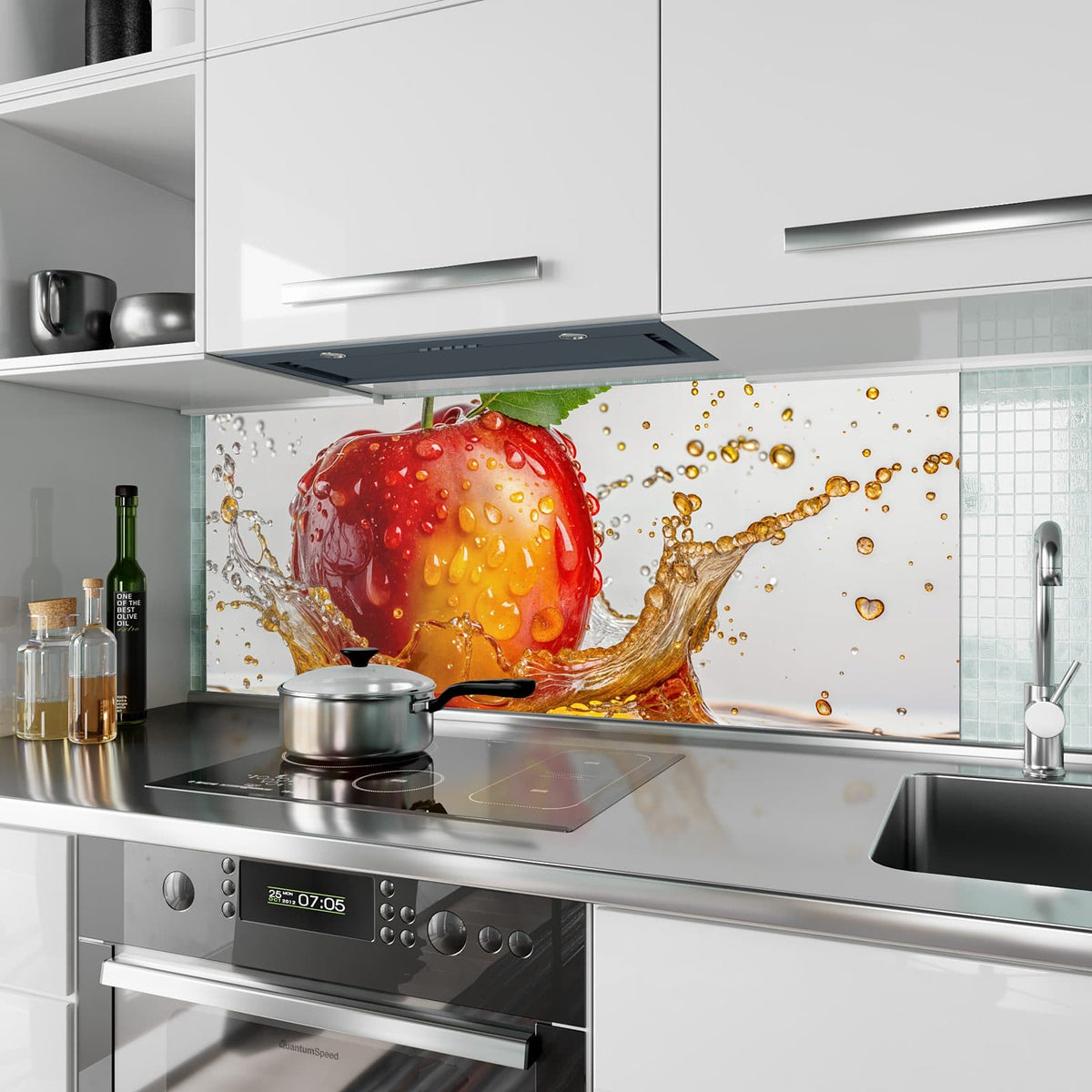 Küchenrückwand aus Glas Apfel mit Saftspritzer im Hochformat als Spritzschutz hinter dem Kochfeld, über dem Fliesenspiegel montiert