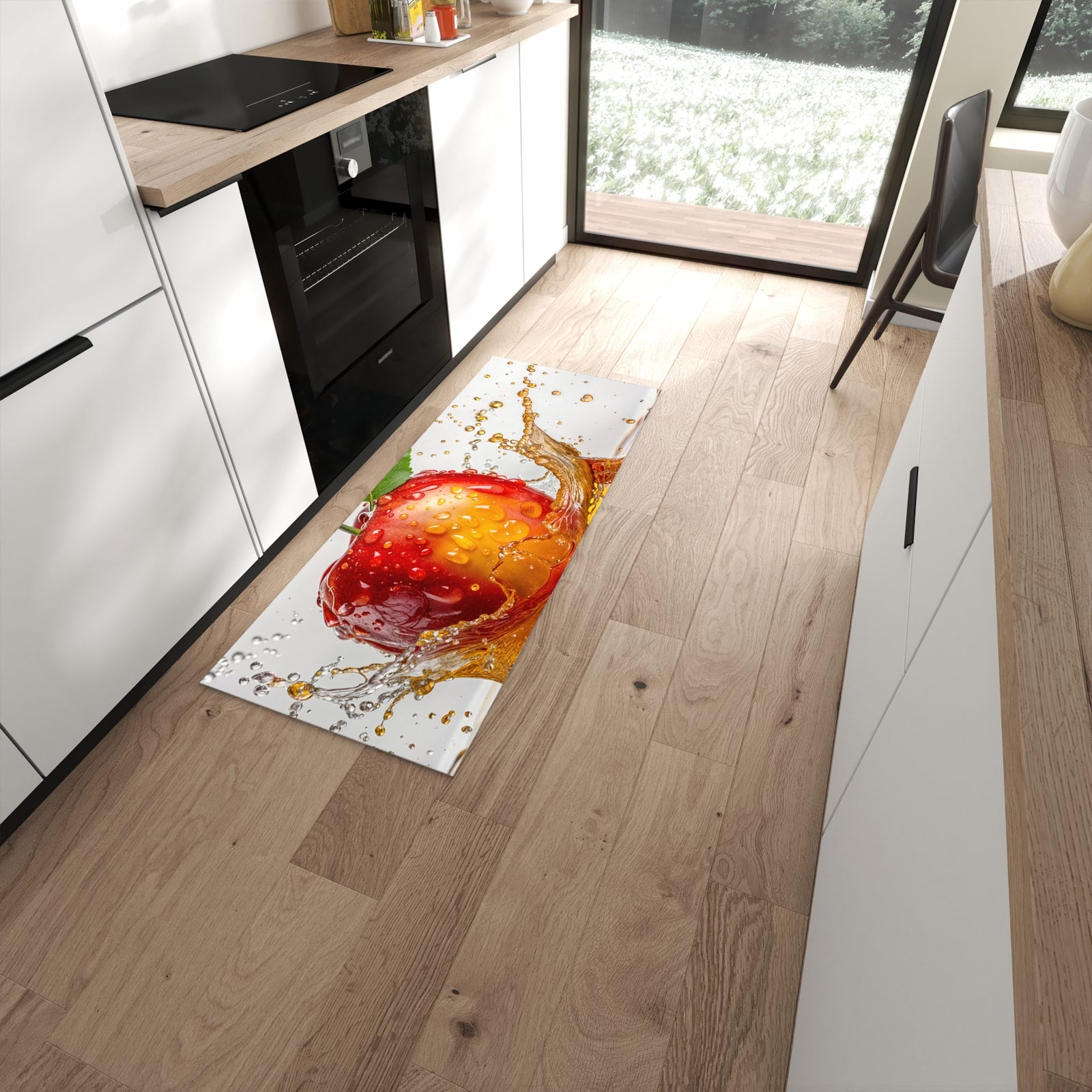Bodenschonender langer Teppich mit Motiv Apfel von Spritzender in moderner Küche #grösse_60 x 150 cm