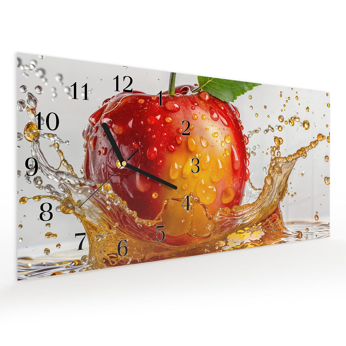 Vormontiert – mit Schwebeeffekt – Wanduhr Apfel mit Saftspritzer aus Glas – Querformat 60 × 30 cm