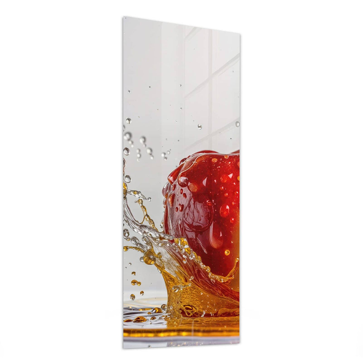 Wandbild aus Glas Apfel mit Saftspritzer schräg von der Seite, 4 mm starkes Echtglas