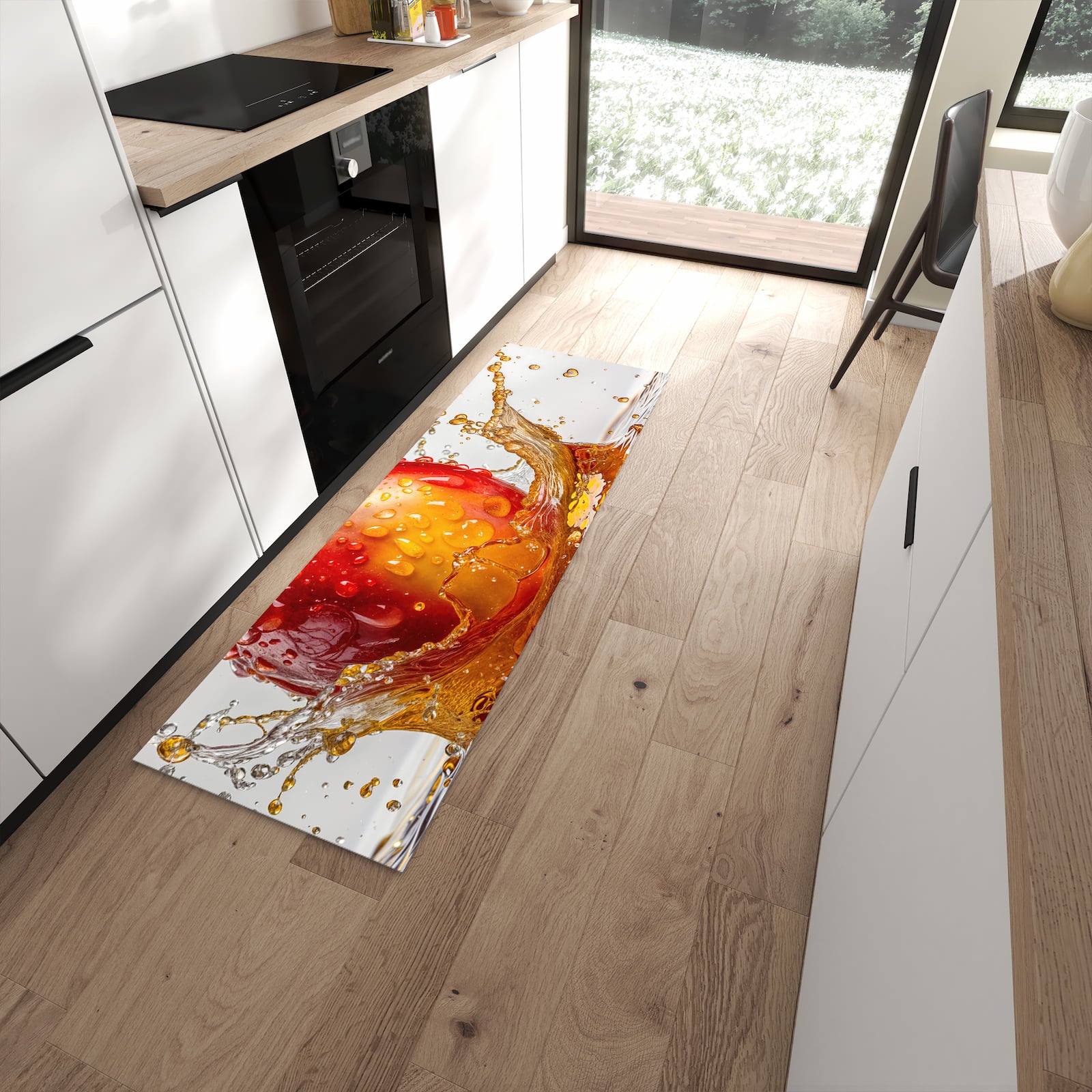 Küchenläufer mit Motiv Apfel von Spritzender für Ordnung im Eingangsbereich moderner Küche