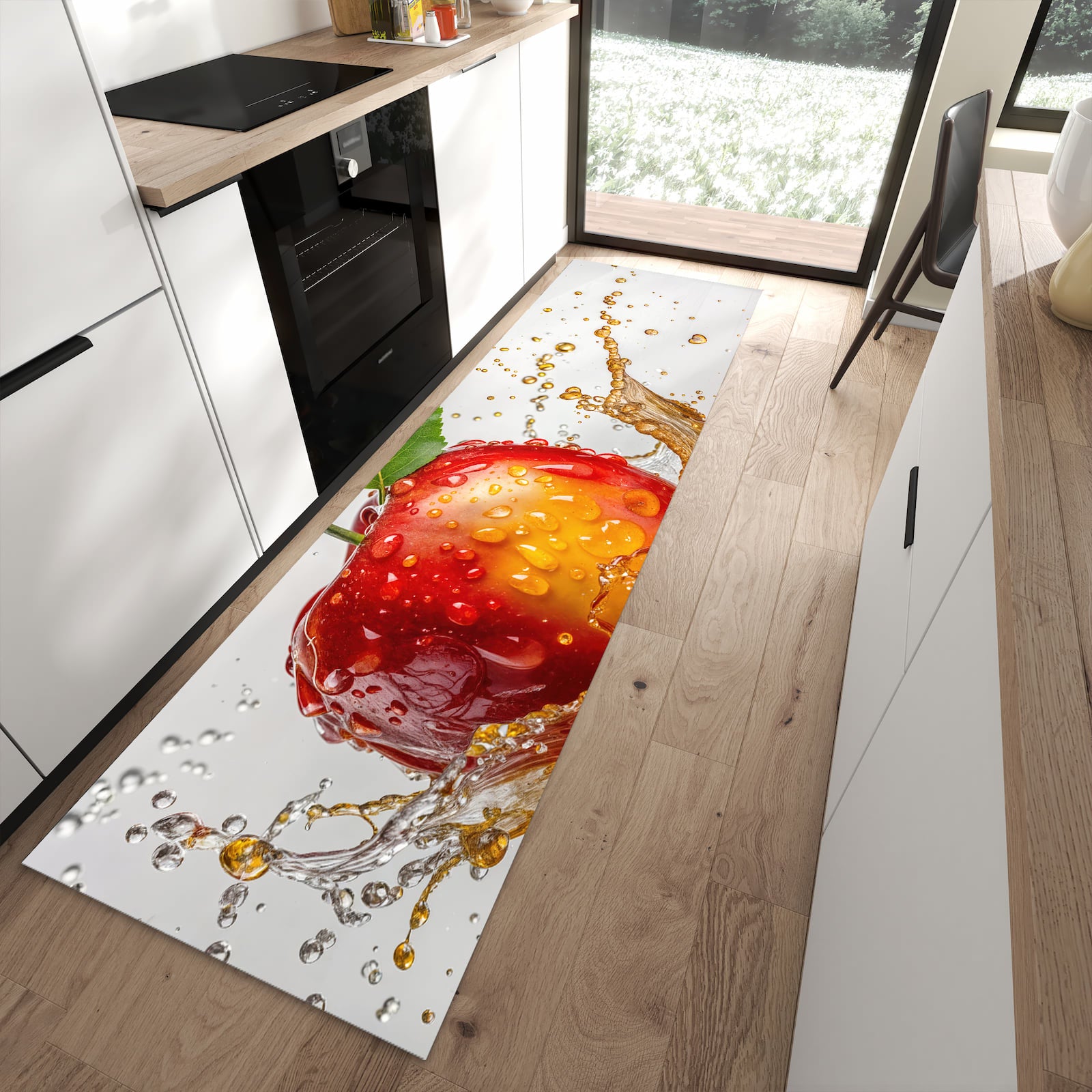 Abriebfester rutschfester Küchenteppich mit Motiv Apfel von Spritzender in moderner Küche