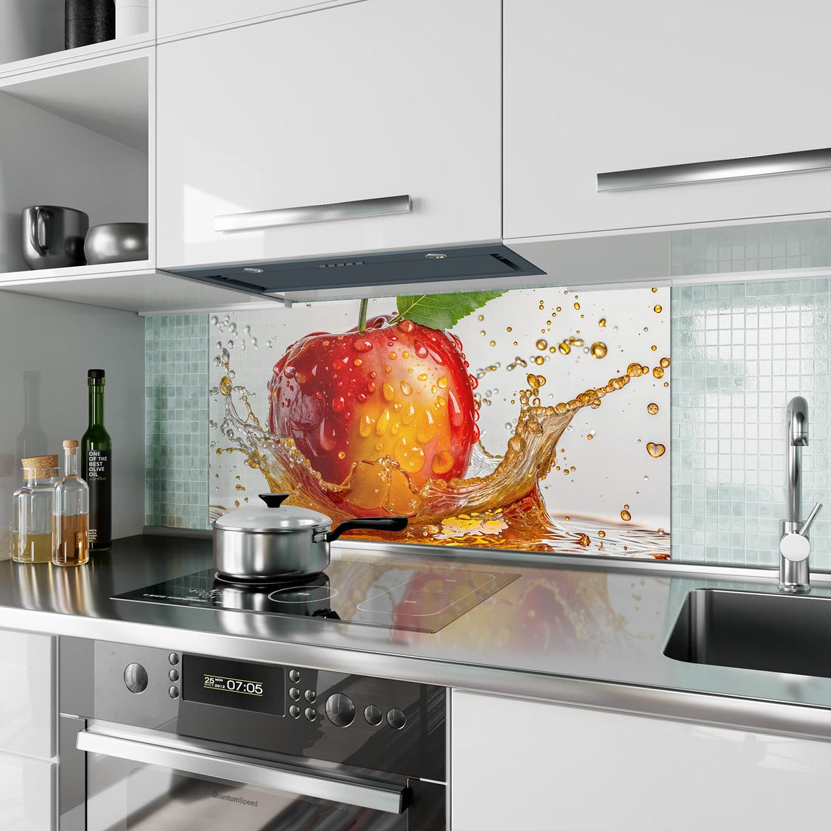 Küchenrückwand aus Glas Apfel mit Saftspritzer im Hochformat als Spritzschutz hinter dem Kochfeld, über dem Fliesenspiegel montiert