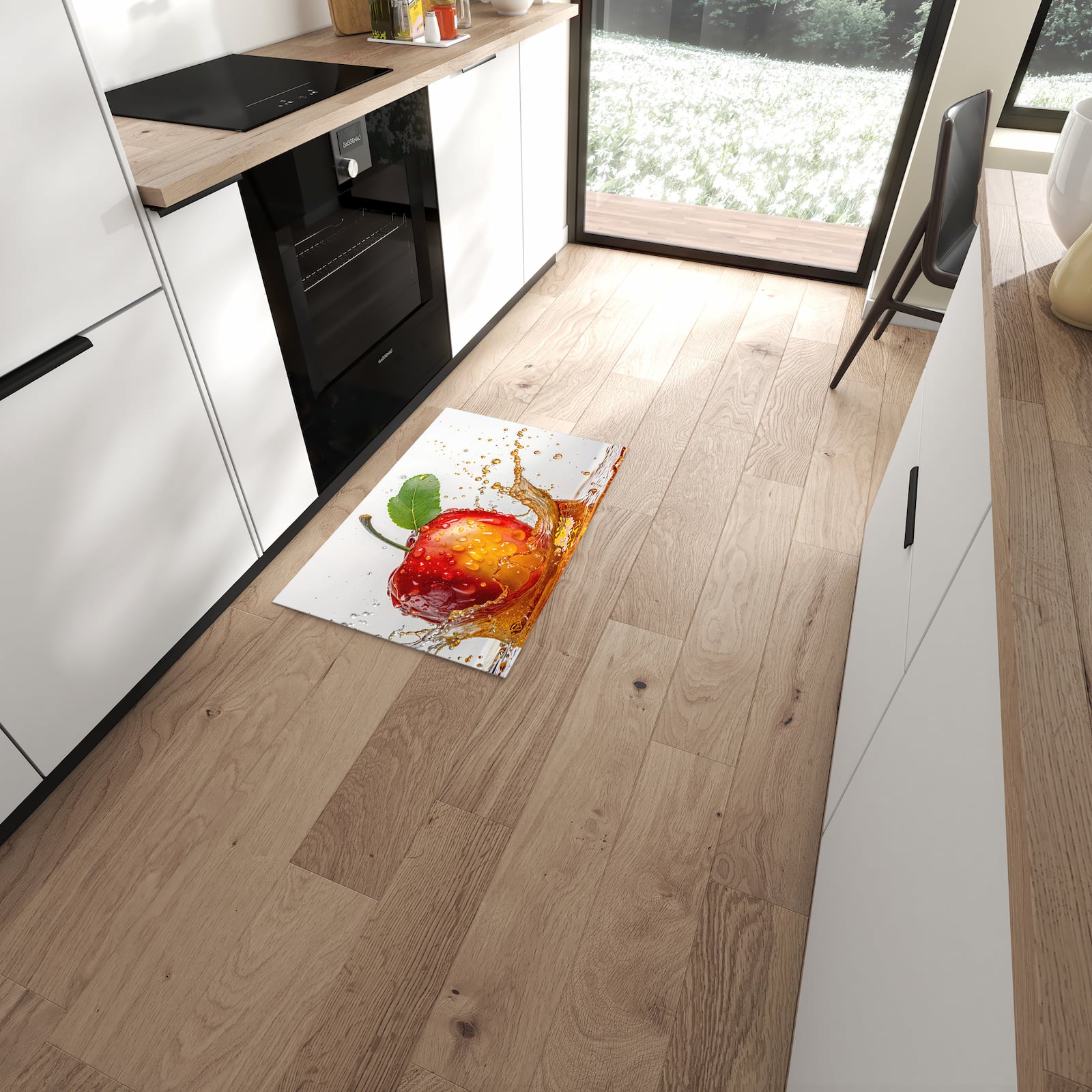 Waschbarer Küchenteppich mit Motiv Apfel von Spritzender in moderner Küche für sichere Aufbewahrung