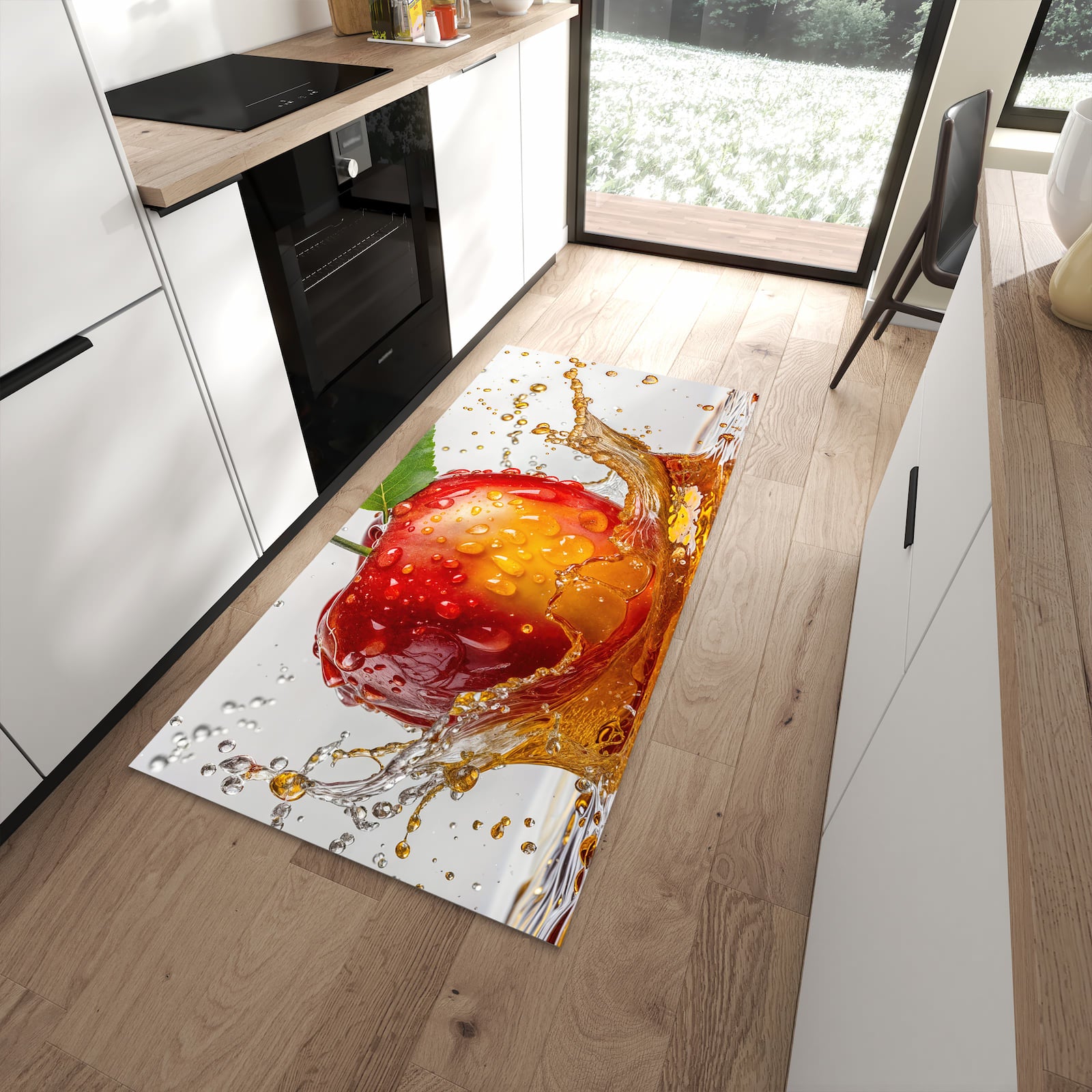 Komfortabler Bodenläufer-Teppich mit Motiv Apfel von Spritzender in moderner Küche