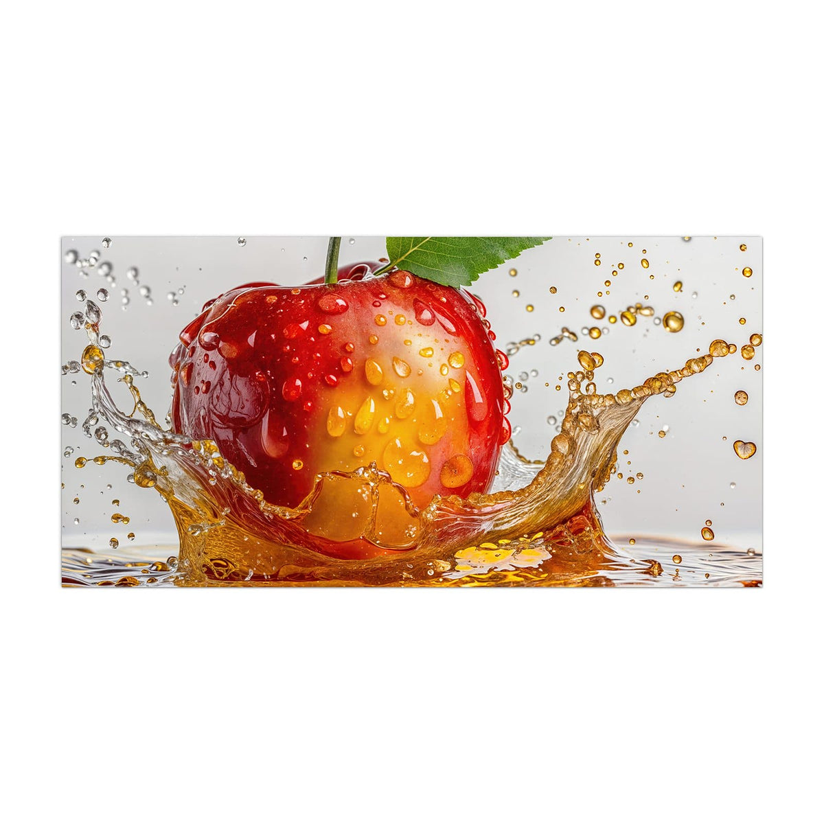 Küchenrückwand aus Glas Apfel mit Saftspritzer im Hochformat, Motiv bildfüllend von vorn