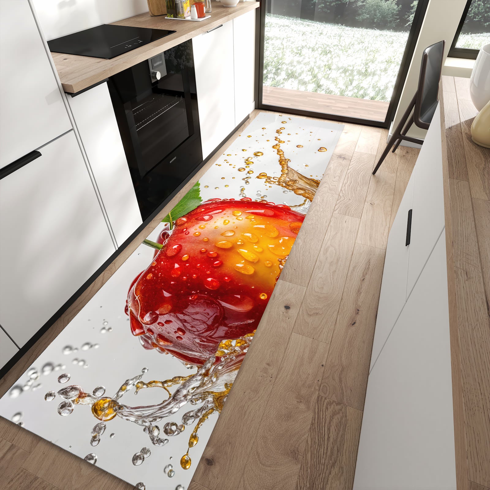 UV-beständiger Bodenläufer mit Motiv Apfel von Spritzender in moderner Küche