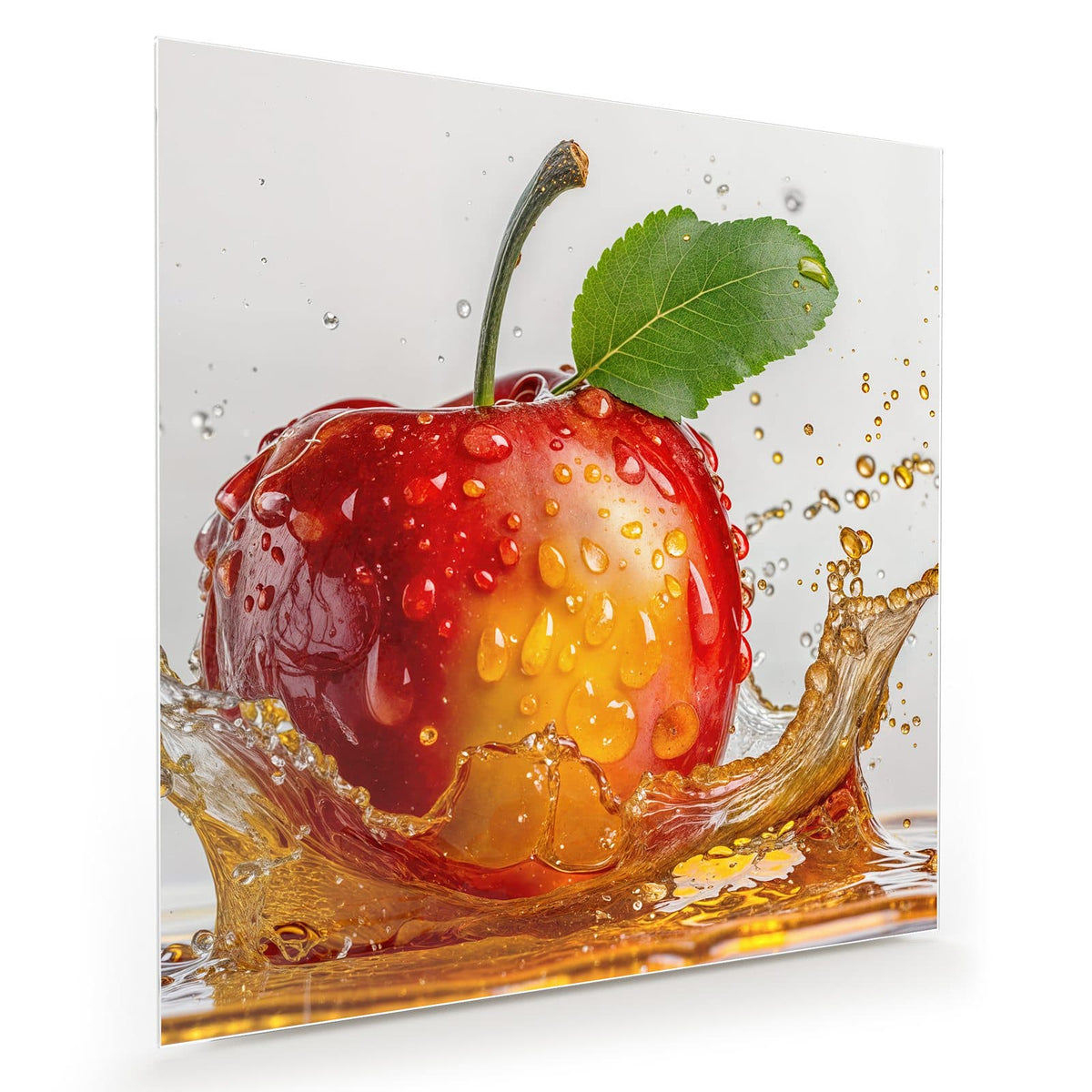Roter Apfel mit grünem Blatt fällt in goldbraunen Saft, Spritzer ringsum