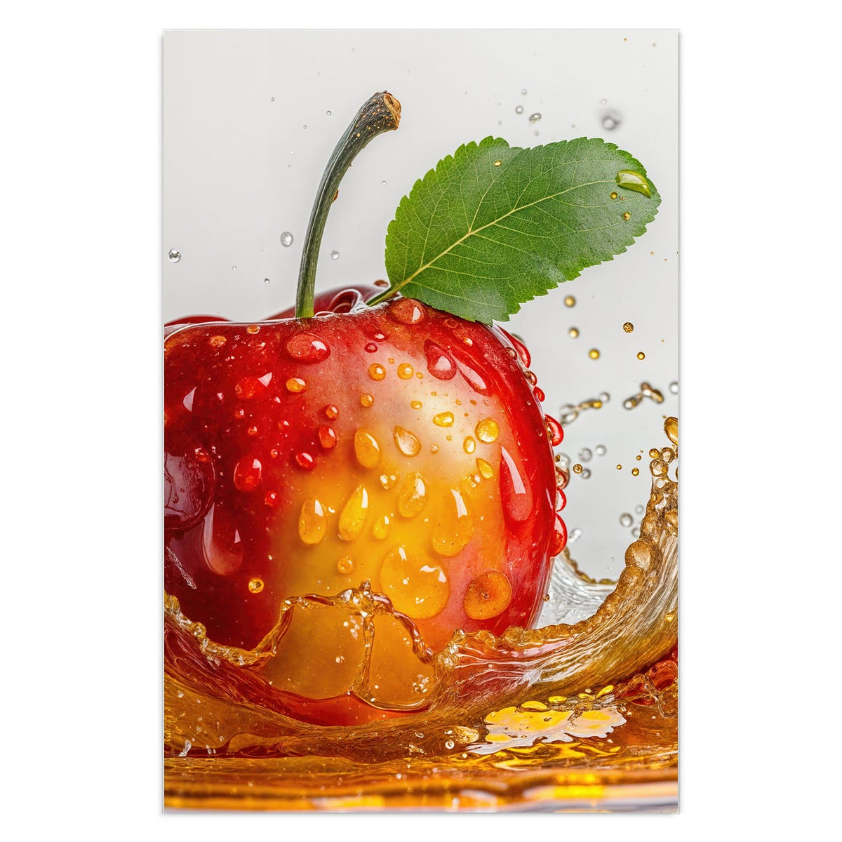 Wandbild aus Glas: Roter Apfel mit grünem Blatt fällt in goldbraunen Saft, Spritzer ringsum