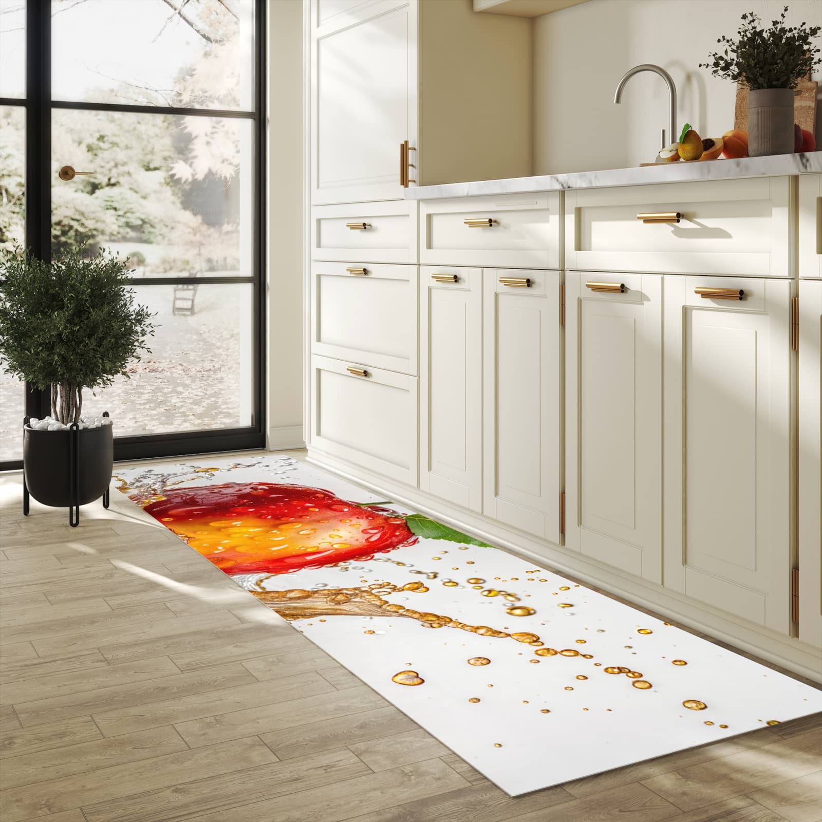Fleckenresistenter rutschfester Küchenläufer mit Motiv Apfel von Spritzender in heller Küche