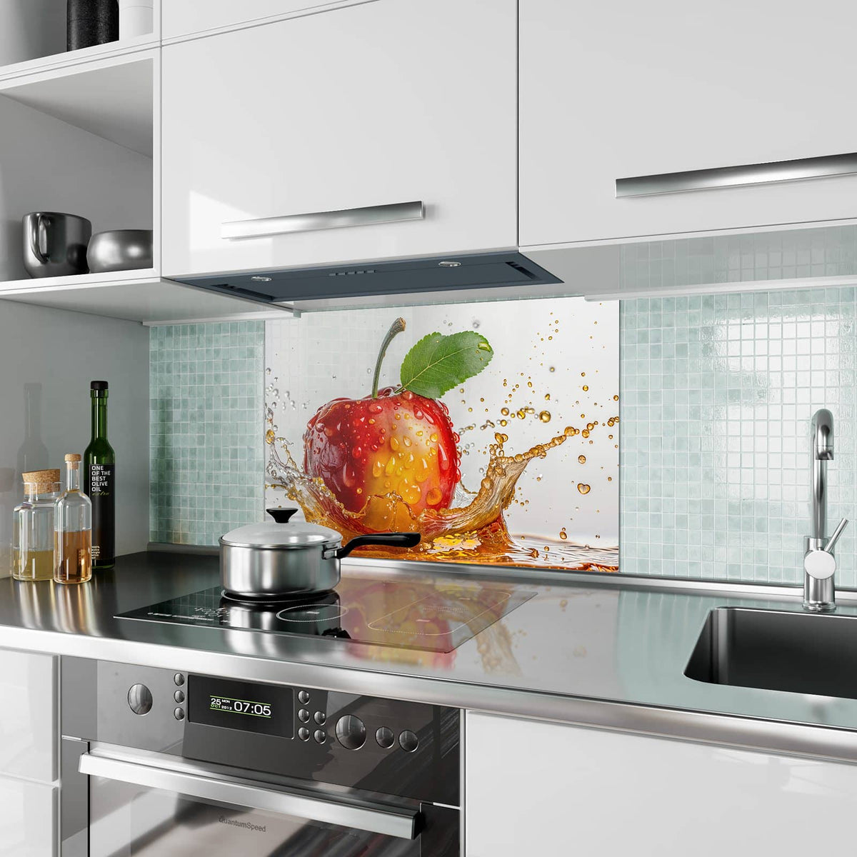 Küchenrückwand aus Glas Apfel mit Saftspritzer im Hochformat als Spritzschutz hinter dem Kochfeld, über dem Fliesenspiegel montiert