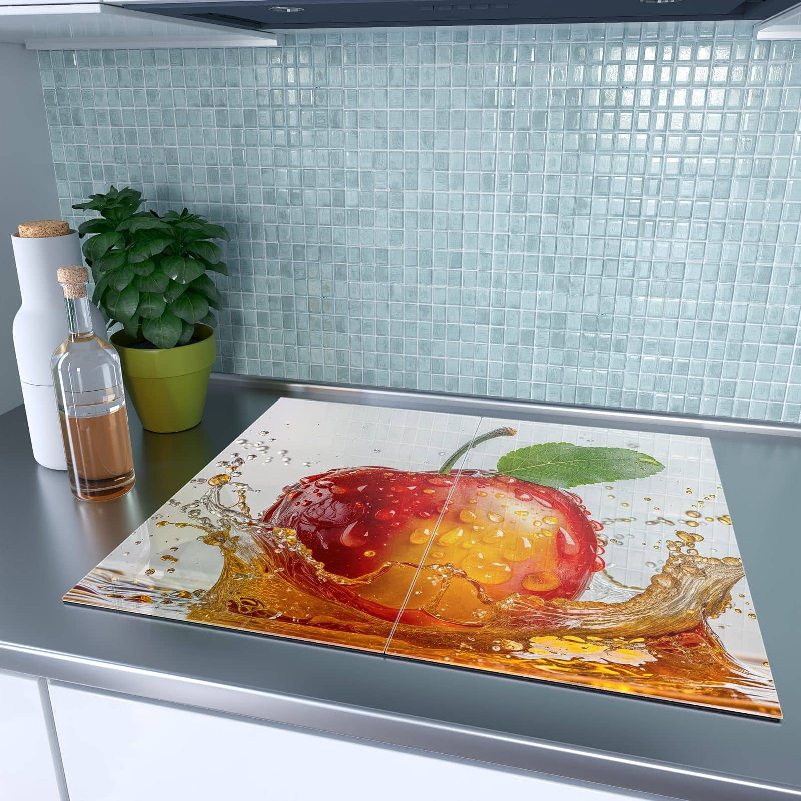 2-teilige Herdabdeckplatten aus Glas mit Apfel mit Saftspritzer-Motiv auf dem Ceranfeld